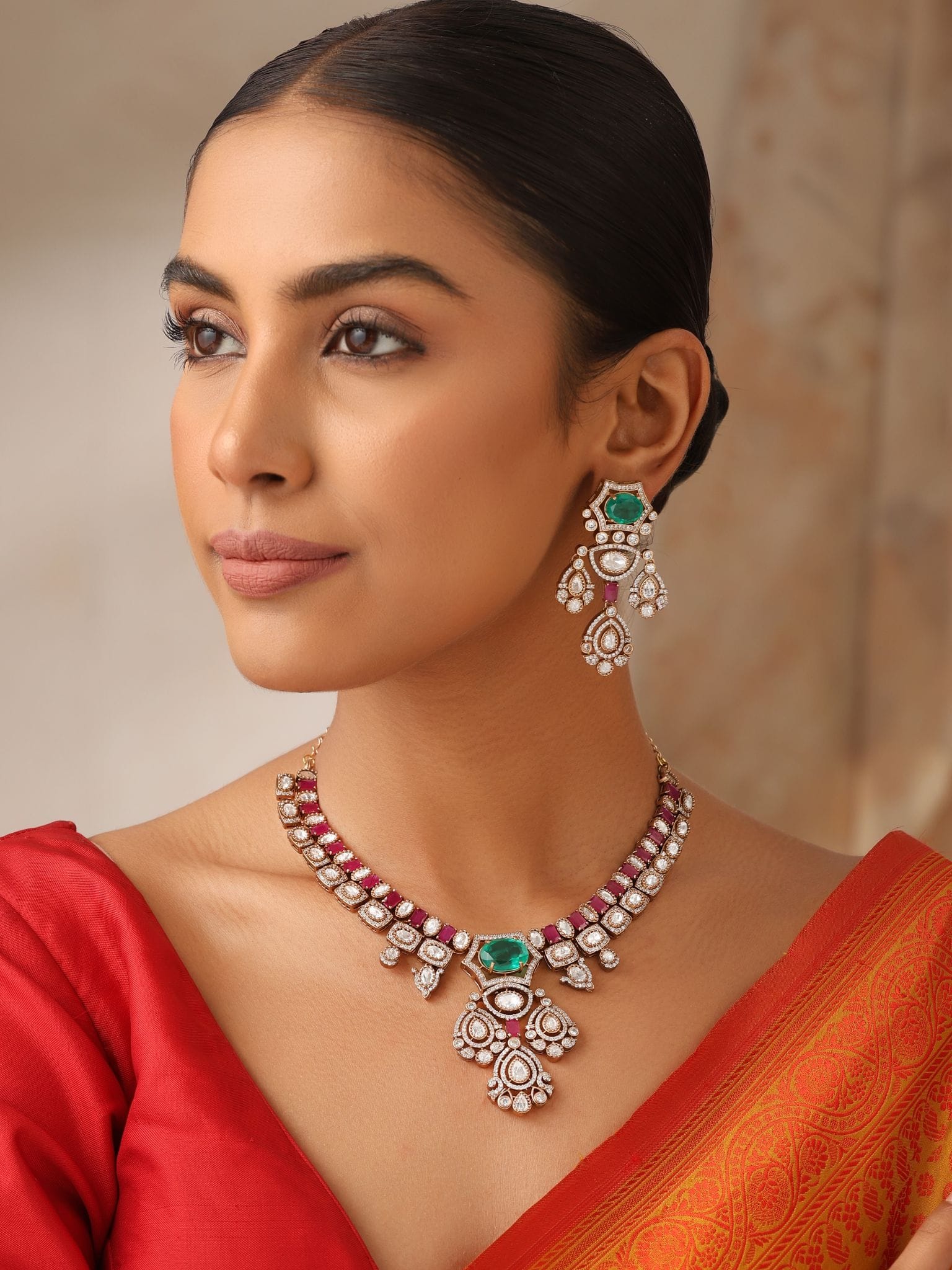 Heer Emerald & Ruby CZ Necklace Set with Polki Drops