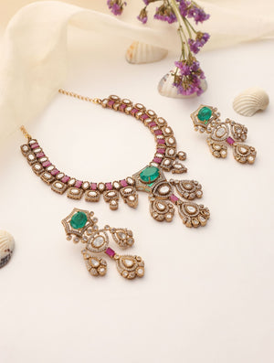 Heer Emerald & Ruby CZ Necklace Set with Polki Drops