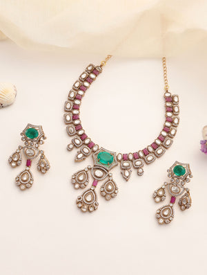 Heer Emerald & Ruby CZ Necklace Set with Polki Drops