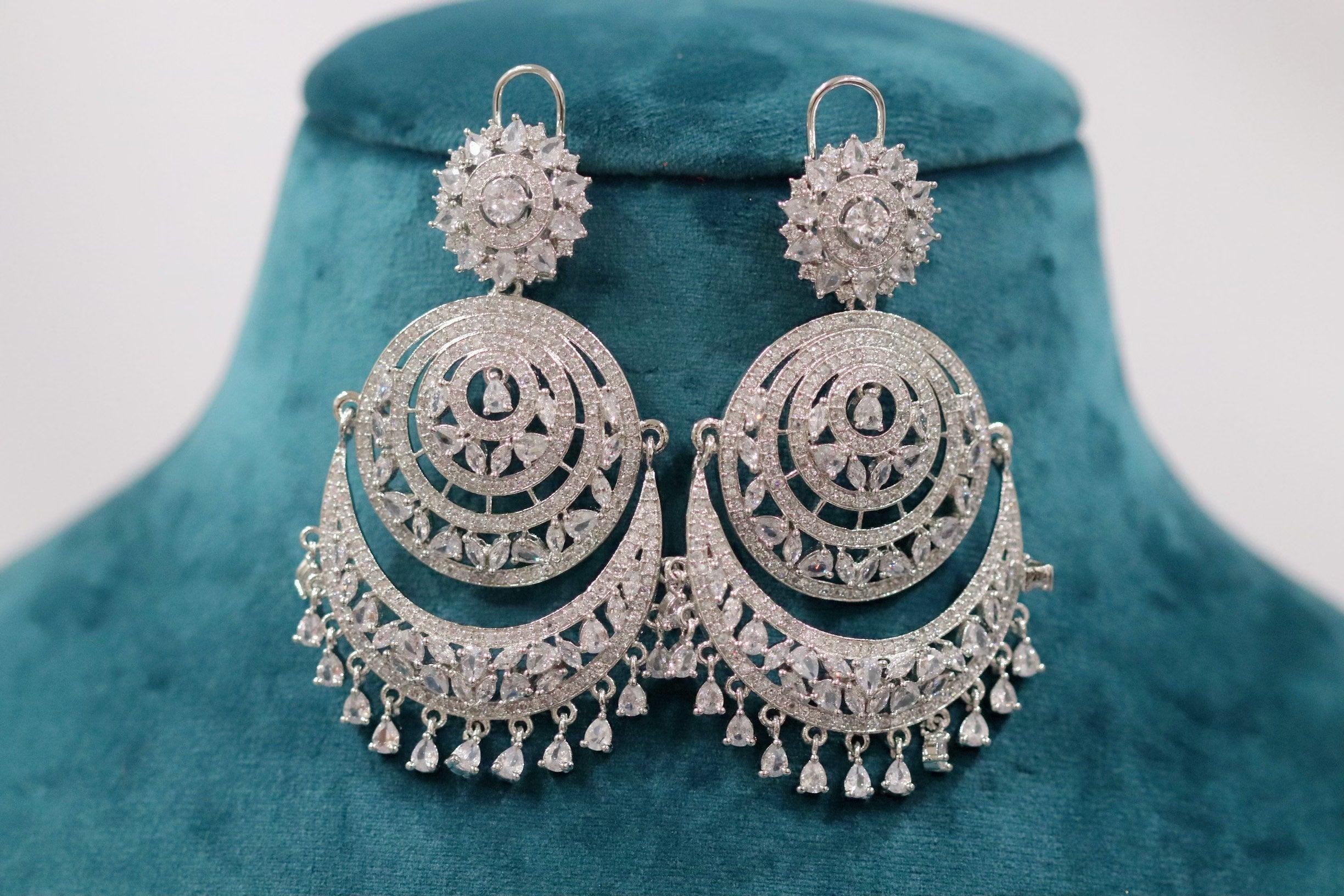 Diamond Chaandbalis/ Indian Jewelry/ CZ Chaandbali/ Zirconia Earrings/ Indian Earrings/ Pakistani Jewelry / Bollywood Jewelry/