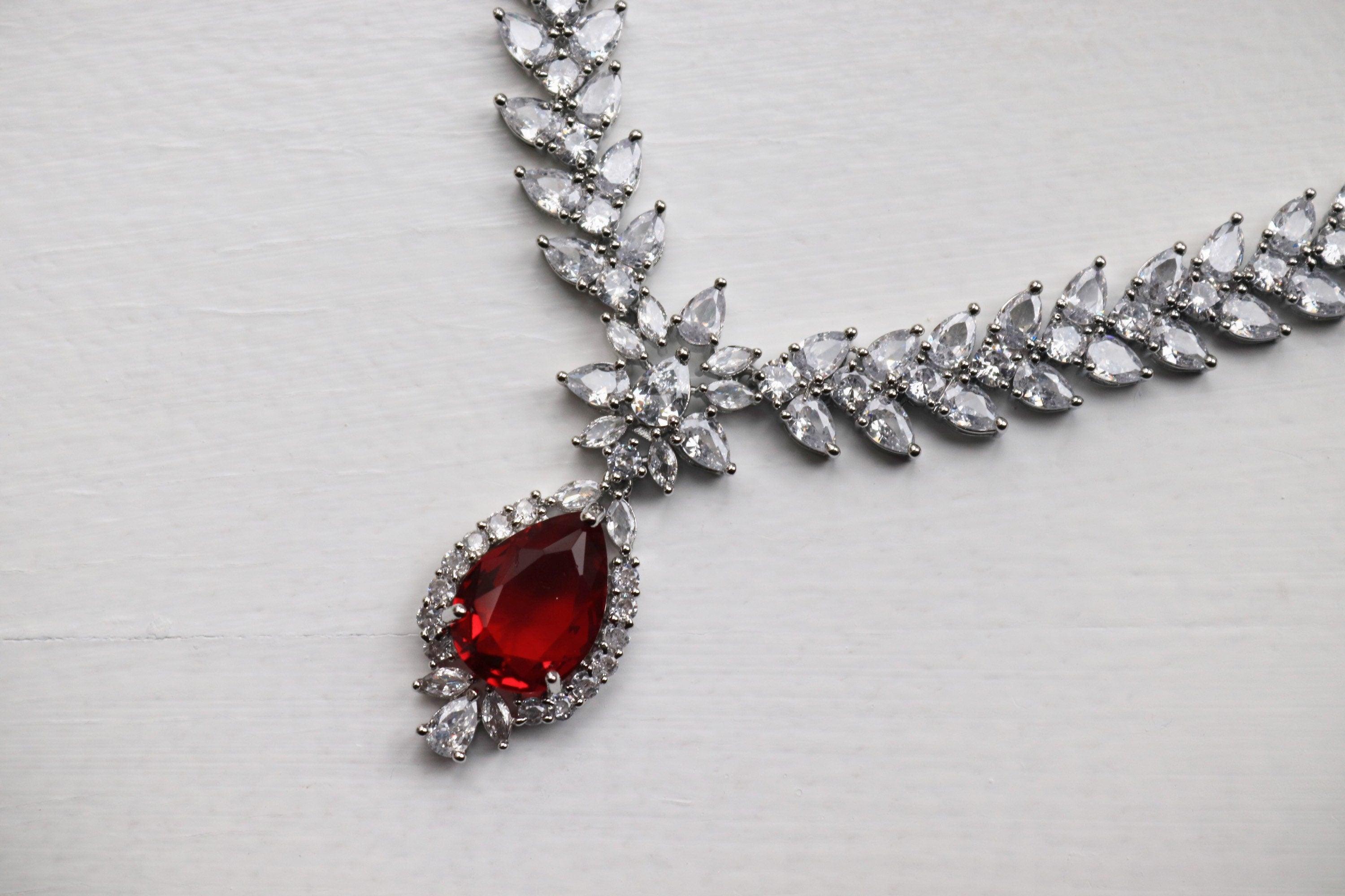 Jan Ruby Cubic Zirconium Necklace/Indian Necklace/ Indian Jewelry/ American Diamond Necklace/ Wedding Necklace/ Diamond Necklace/ Red
