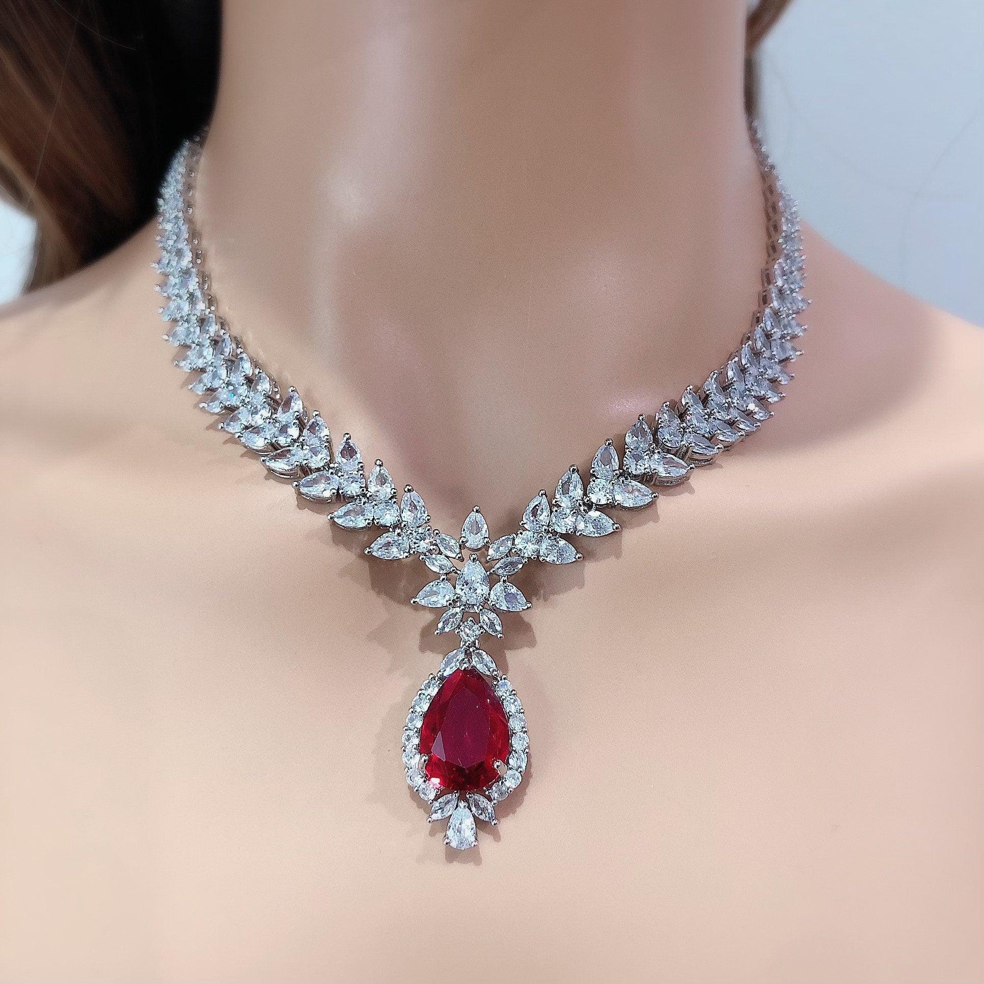 Jan Ruby Cubic Zirconium Necklace/Indian Necklace/ Indian Jewelry/ American Diamond Necklace/ Wedding Necklace/ Diamond Necklace/ Red