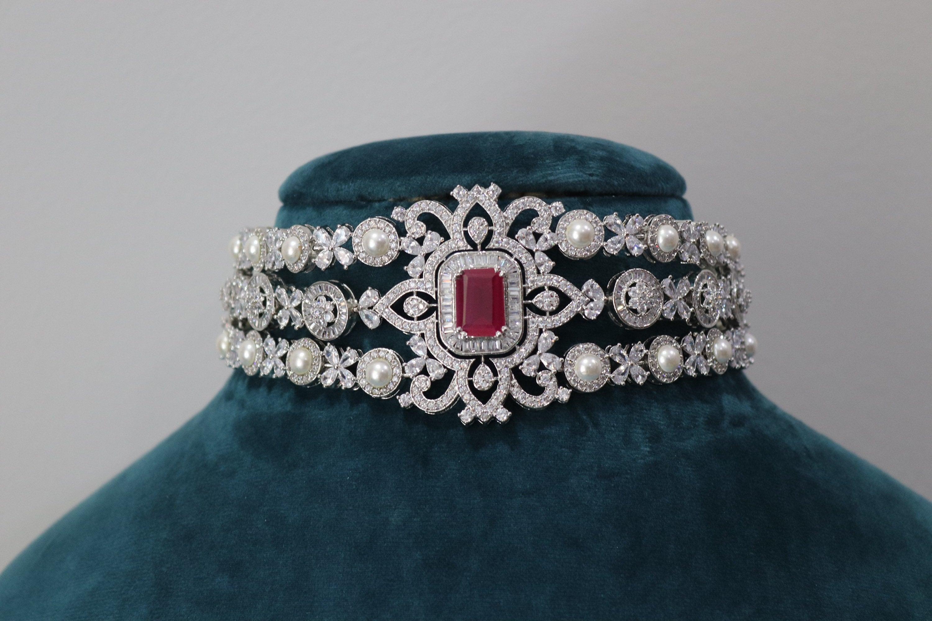 Gina Choker/ CZ Pearl Choker Necklace Set/ Kundan Necklace Set/ Victorian Choker/ Indian Choker