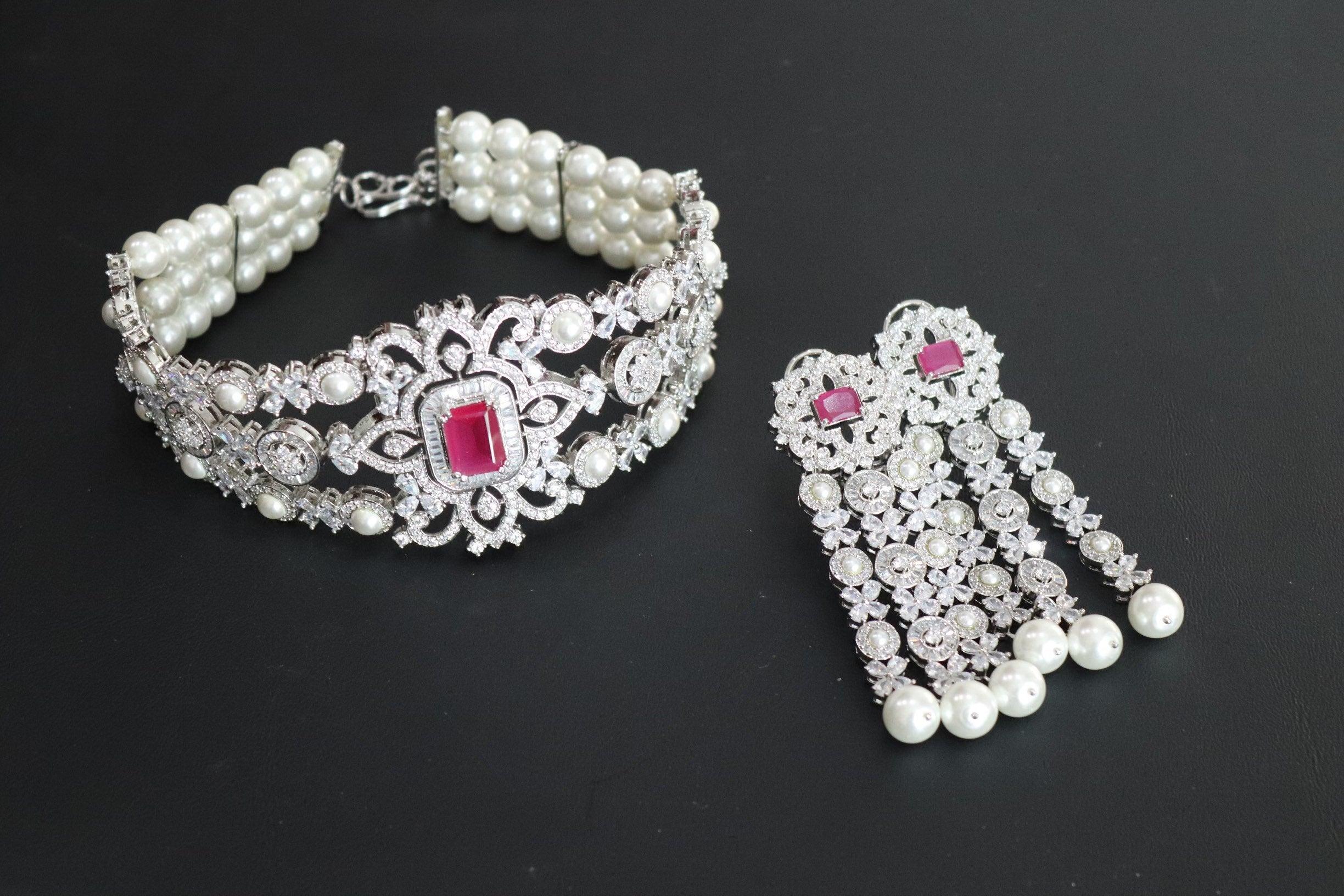 Gina Choker/ CZ Pearl Choker Necklace Set/ Kundan Necklace Set/ Victorian Choker/ Indian Choker