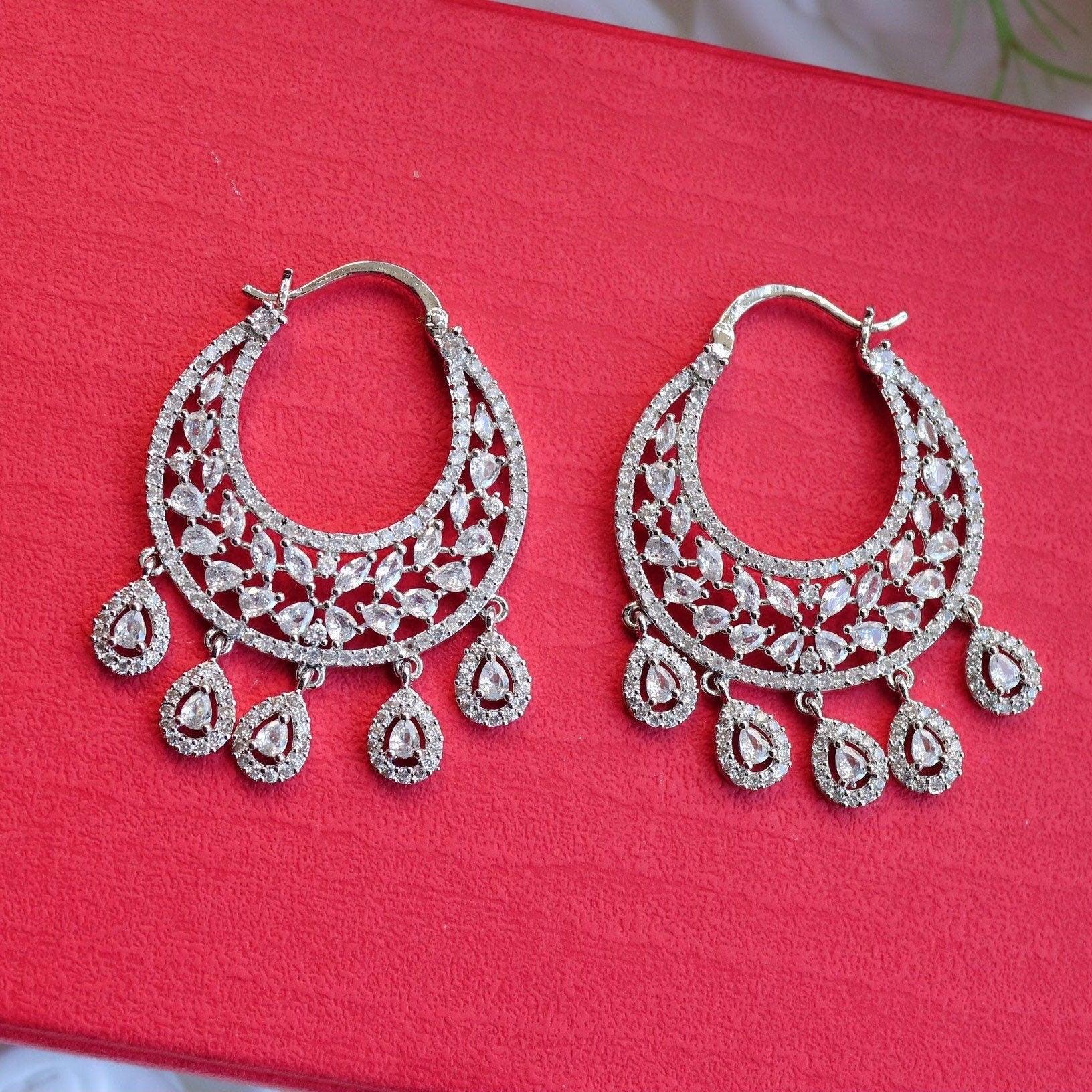 Diamond Chaandbalis/ CZ Chaandbali/ Zirconia Earrings/ Indian Earrings/ Pakistani Jewelry / Bollywood Jewelry/