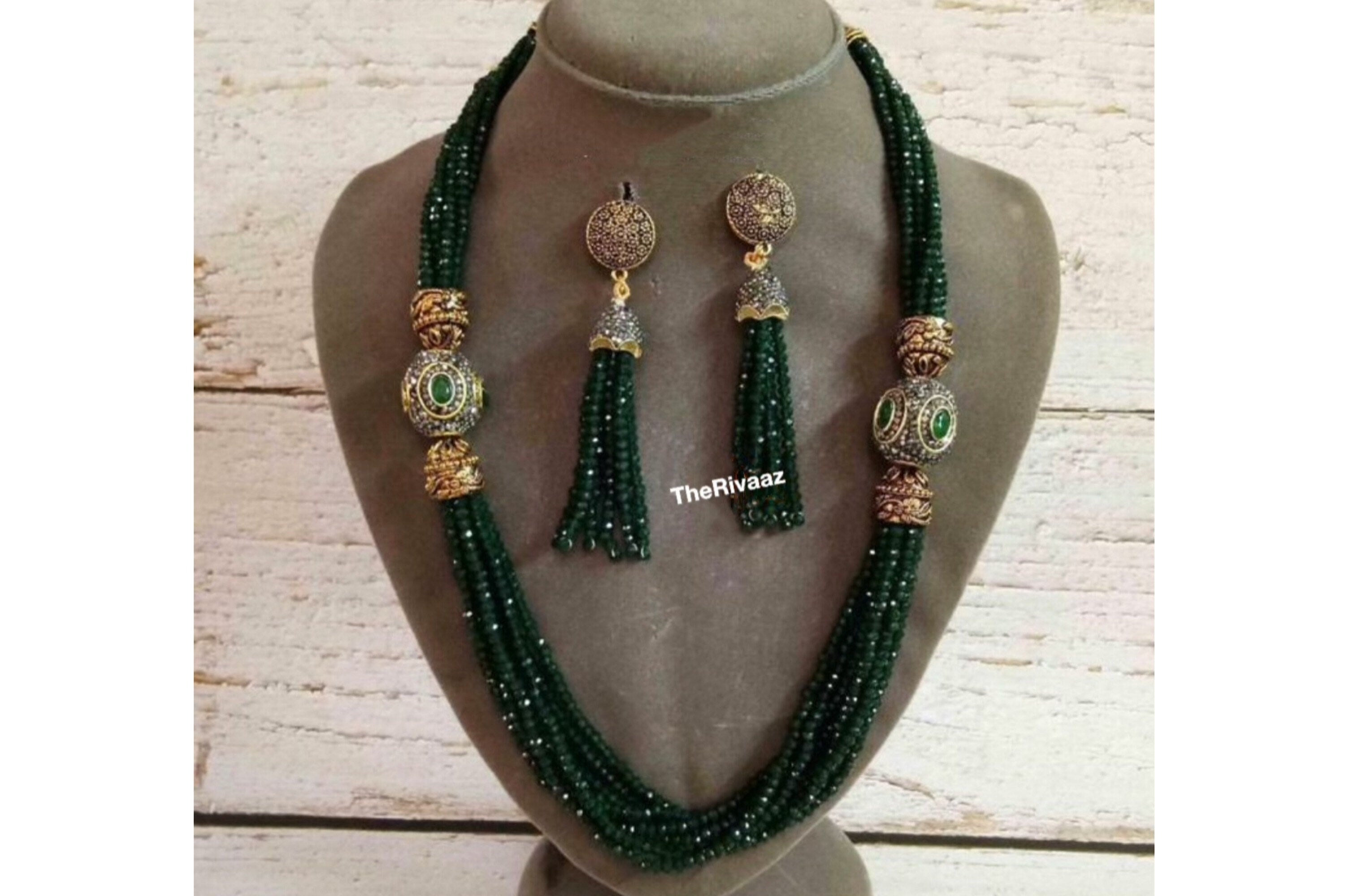 Green Beads Long Victorian Necklace/ Indian Jewelry/ Indian Necklace/ Indian Wedding/ Kundan Necklace/ Kundan Jewelry