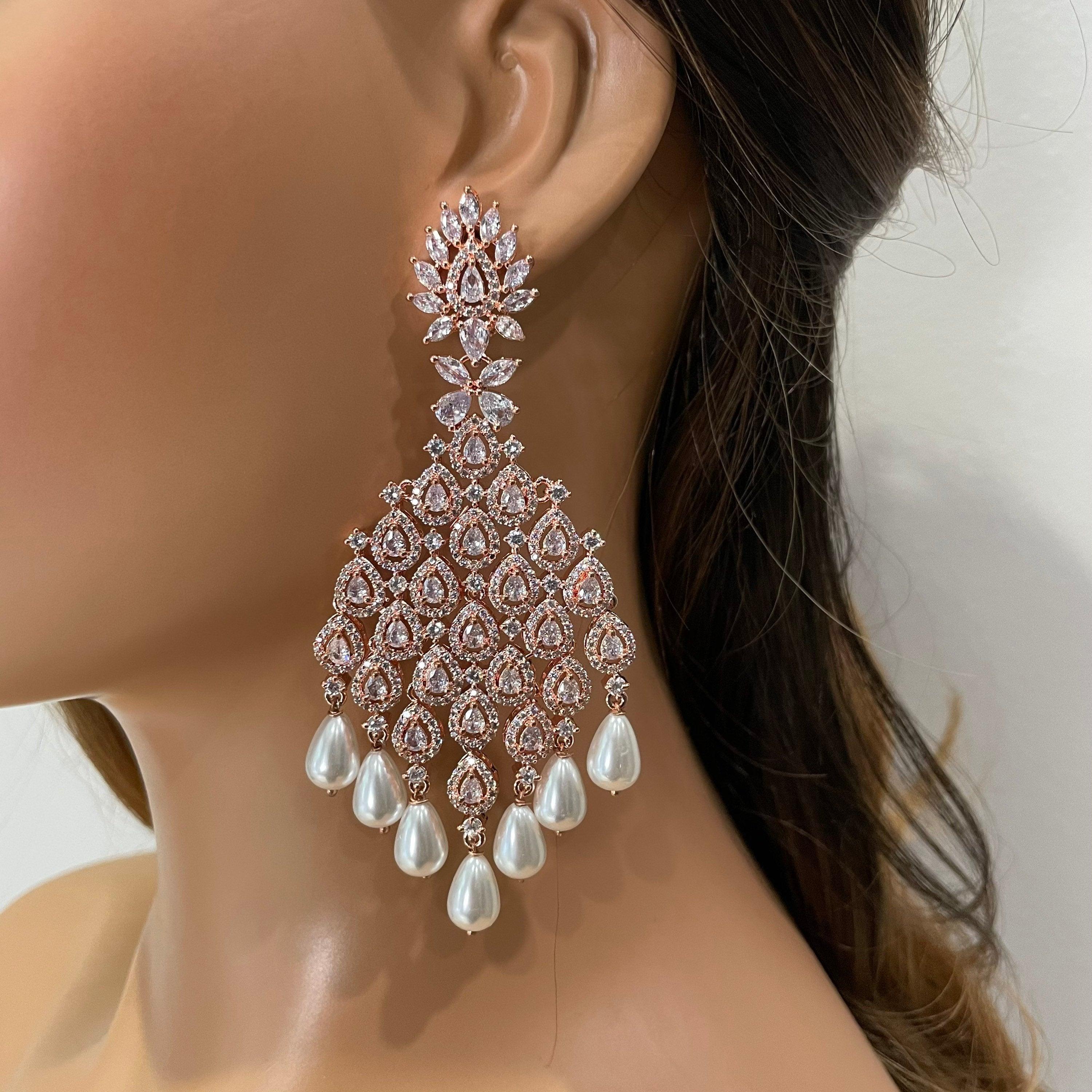 Rose Gold Diamond Chaandbali | Indian Jewelry | Pakistani Jewelry | Bollywood Jewelry | CZ Earrings | Indian Earrings | Long Earrings