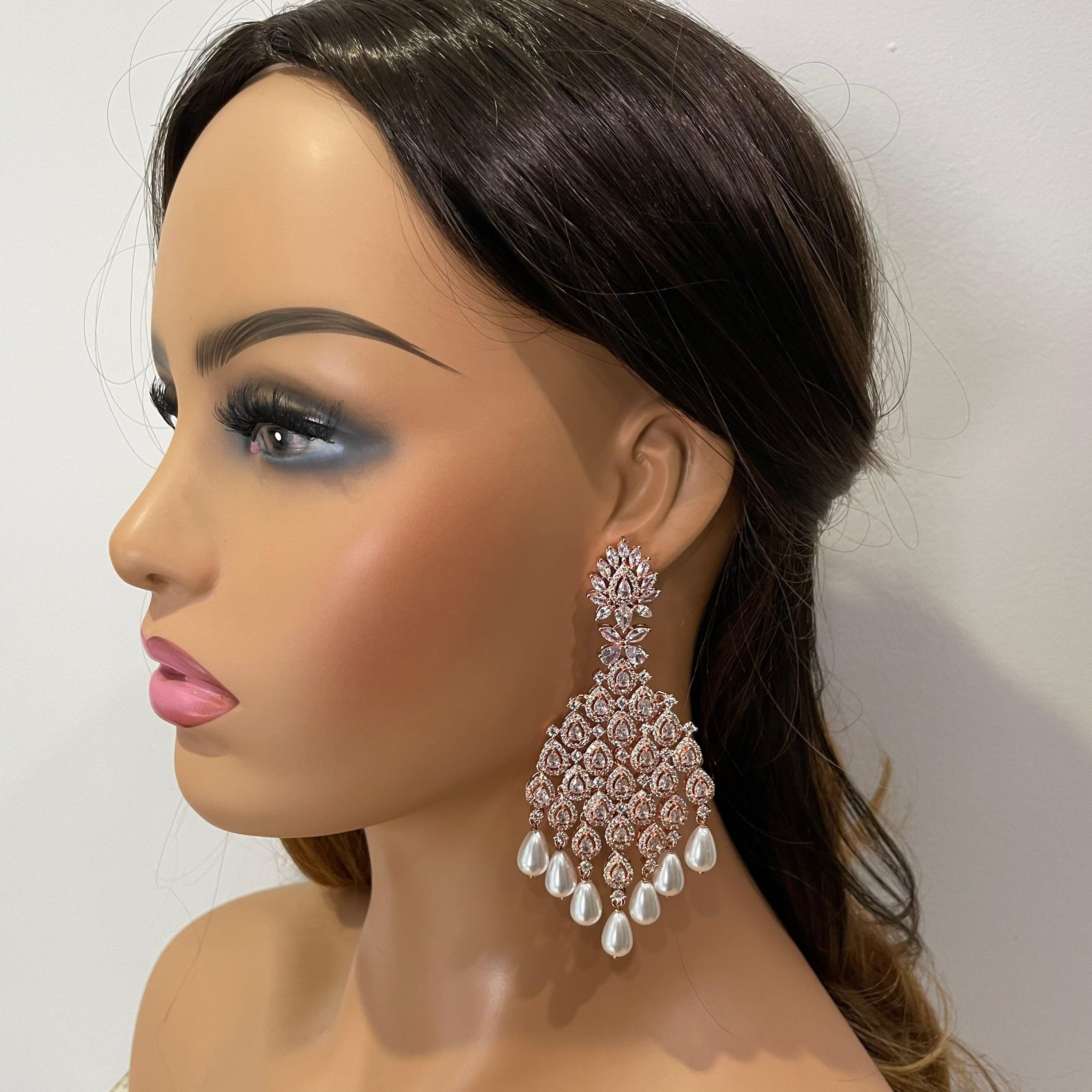 Rose Gold Diamond Chaandbali | Indian Jewelry | Pakistani Jewelry | Bollywood Jewelry | CZ Earrings | Indian Earrings | Long Earrings