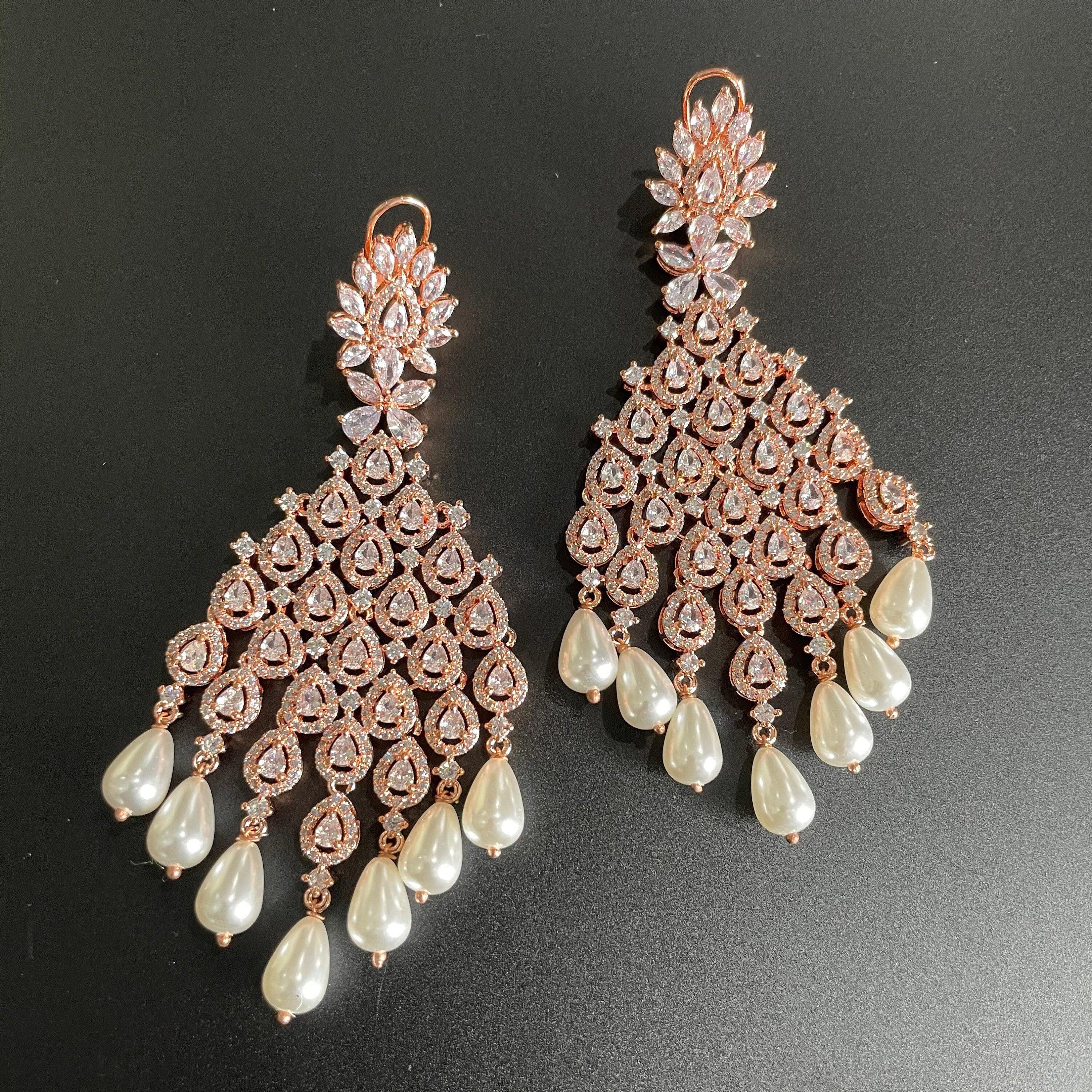 Rose Gold Diamond Chaandbali | Indian Jewelry | Pakistani Jewelry | Bollywood Jewelry | CZ Earrings | Indian Earrings | Long Earrings