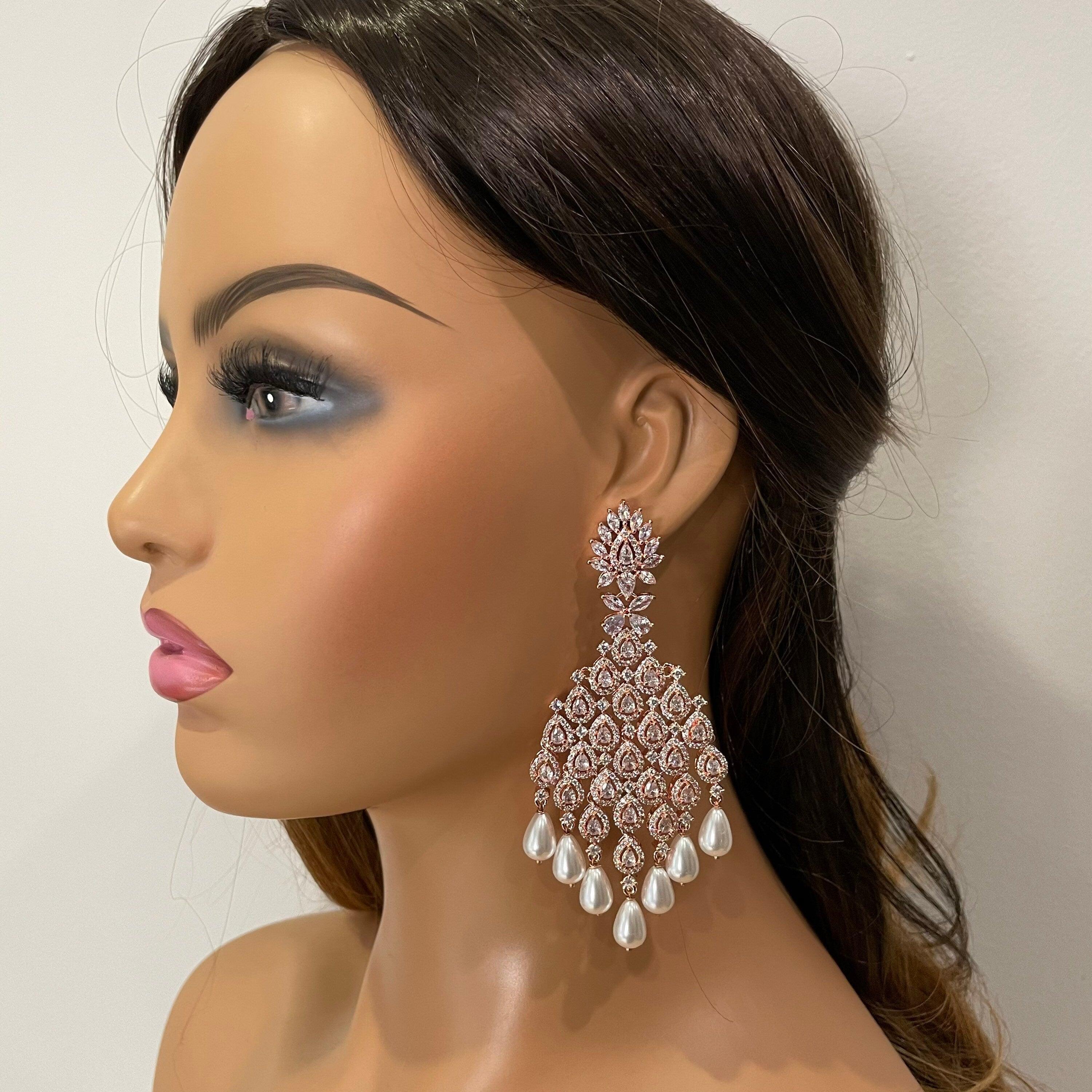 Rose Gold Diamond Chaandbali | Indian Jewelry | Pakistani Jewelry | Bollywood Jewelry | CZ Earrings | Indian Earrings | Long Earrings