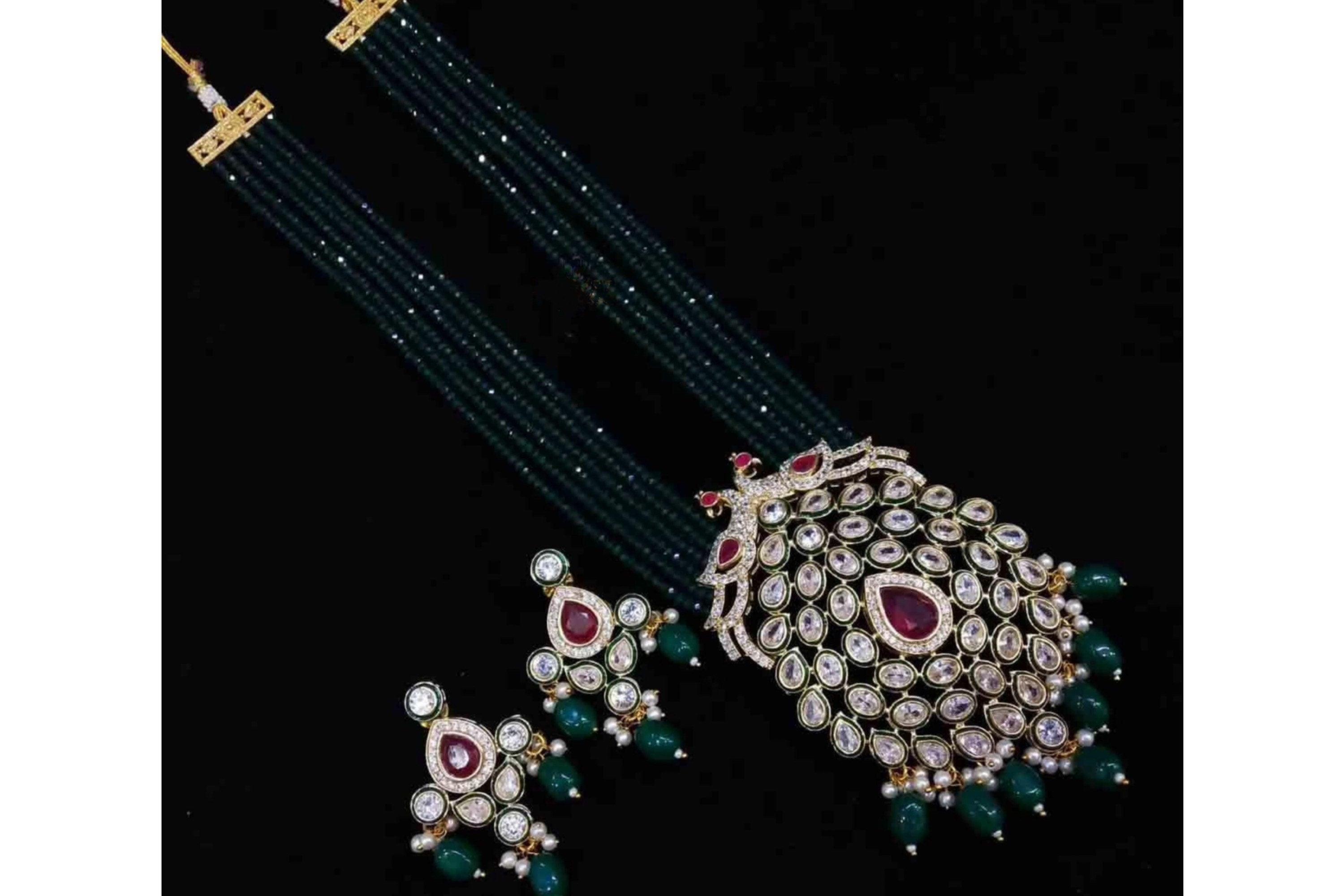 Pre Order Emerald Long Peacock Necklace Indian Jewelry | Pakistani Jewelry | Long Pearl Necklace/ Pakistani Necklace
