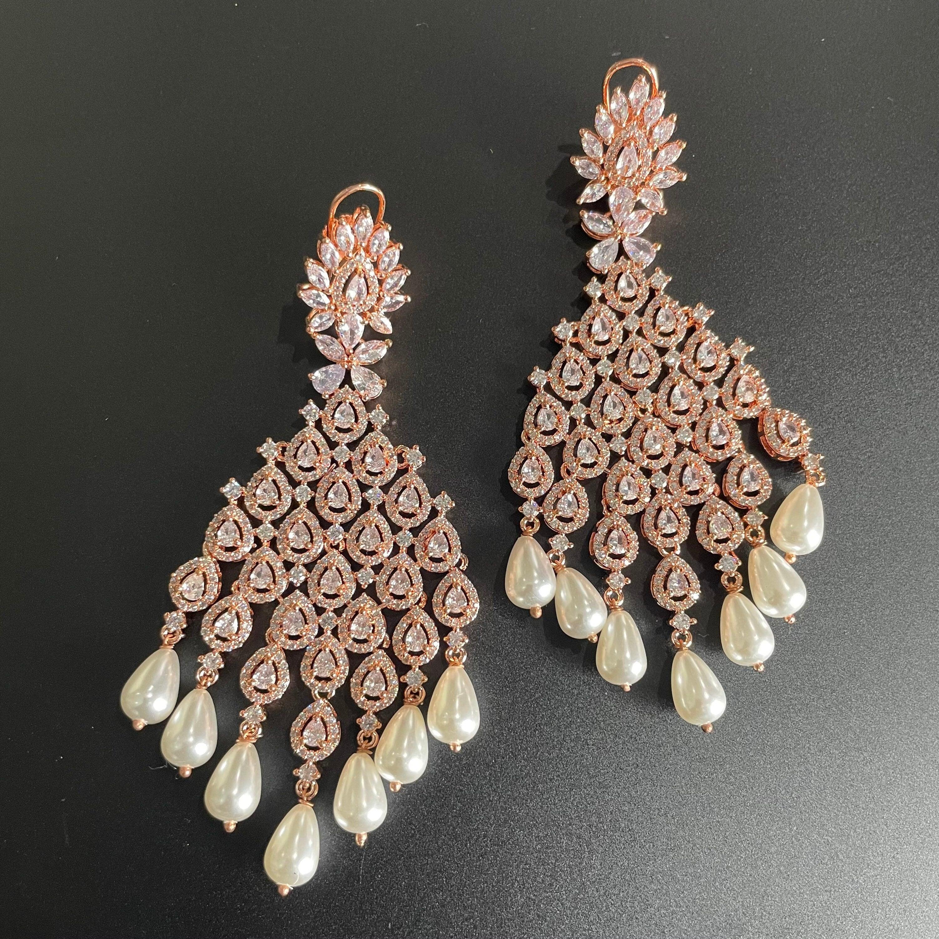 Rose Gold Diamond Chaandbali | Indian Jewelry | Pakistani Jewelry | Bollywood Jewelry | CZ Earrings | Indian Earrings | Long Earrings
