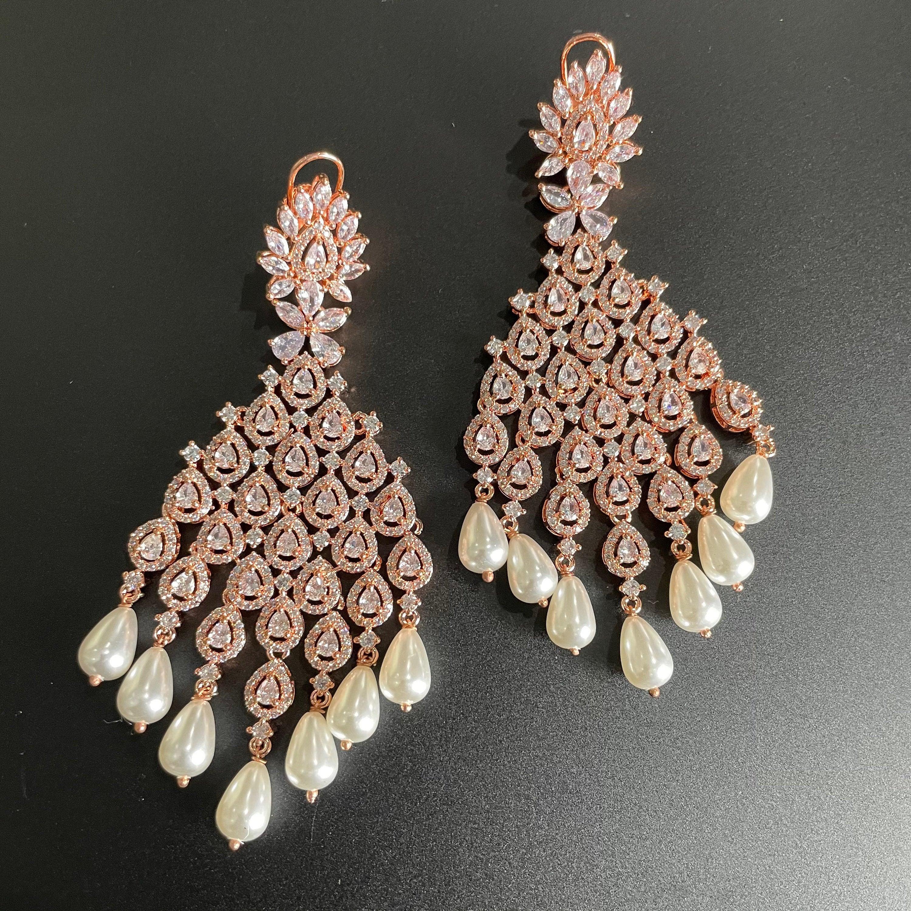 Rose Gold Diamond Chaandbali | Indian Jewelry | Pakistani Jewelry | Bollywood Jewelry | CZ Earrings | Indian Earrings | Long Earrings