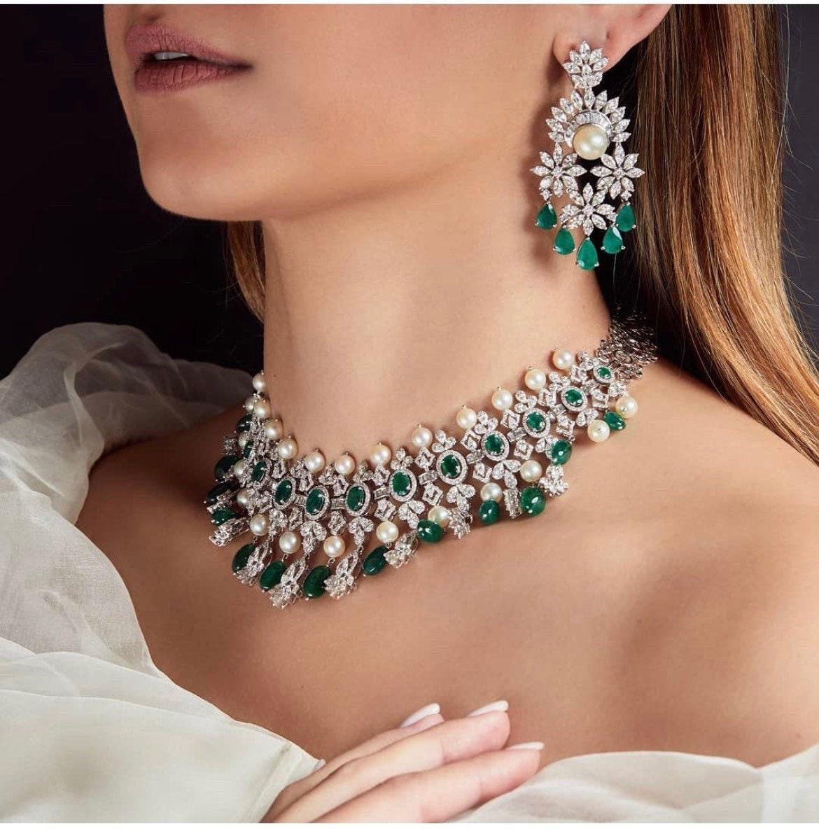 Erika Emerald Diamond Pearl Choker Earrings / Indian jewelry/ Indian Choker/ Pakistani jewelry/ Bollywood jewelry/ Pakistani Necklace