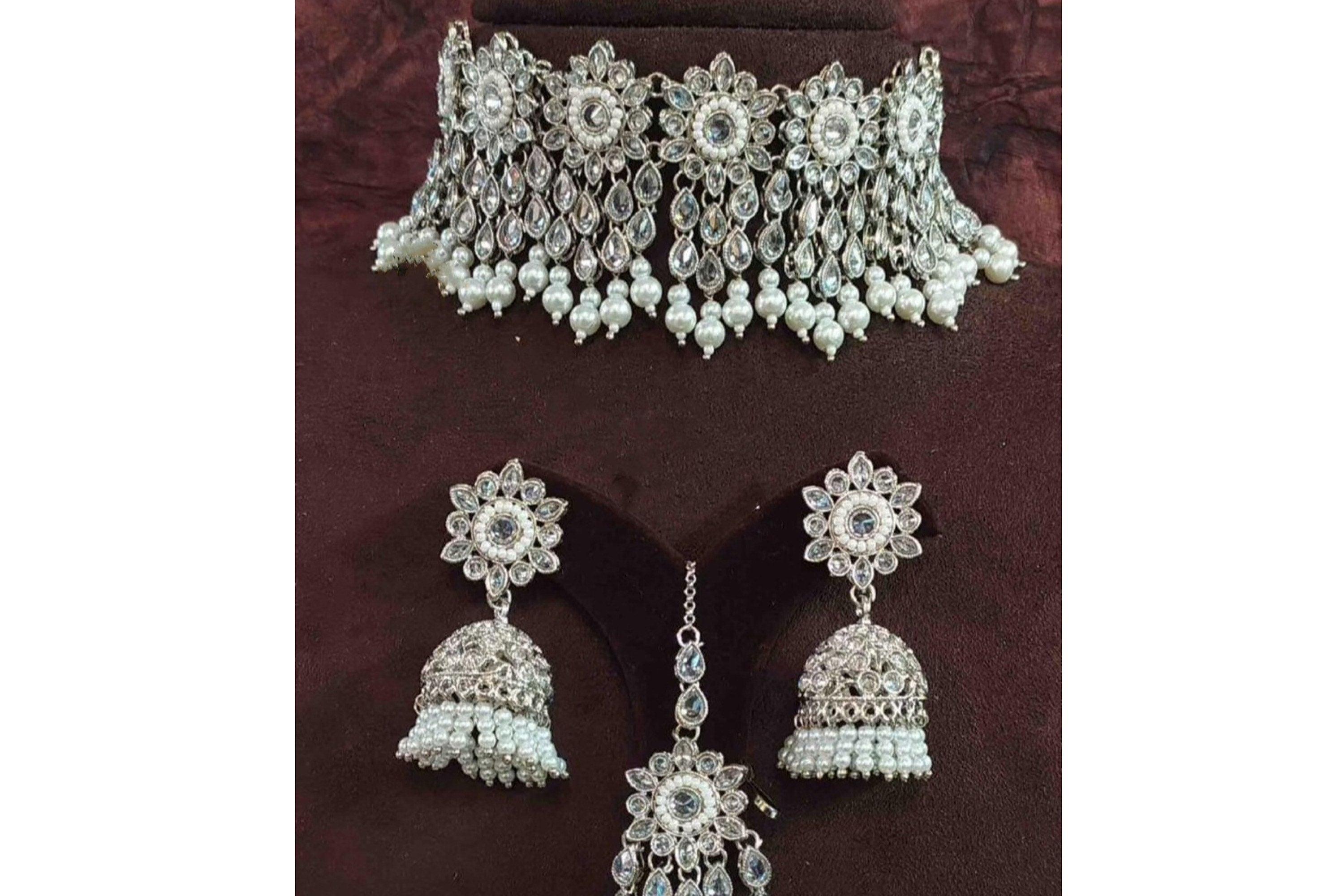 Silver Polki Necklace Set with Jhumke and Tikka / Silver Choker/ Pakistani jewelry/ Indian jewelry/ Indian necklace/ Pakistani Choker