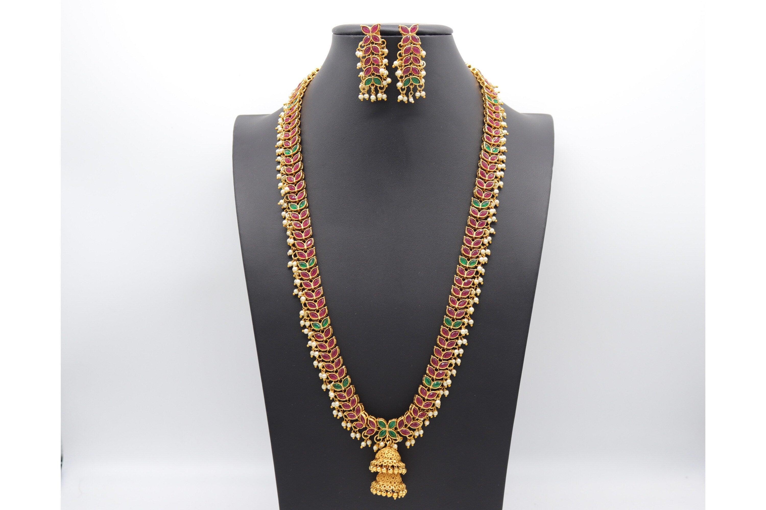 24 Inch Long Emerald- Ruby Necklace / Emerald Mala/ Haram Necklace/ Long gold necklace/ Beaded chain/ Indian Jewelry/ Indian Necklace/ South