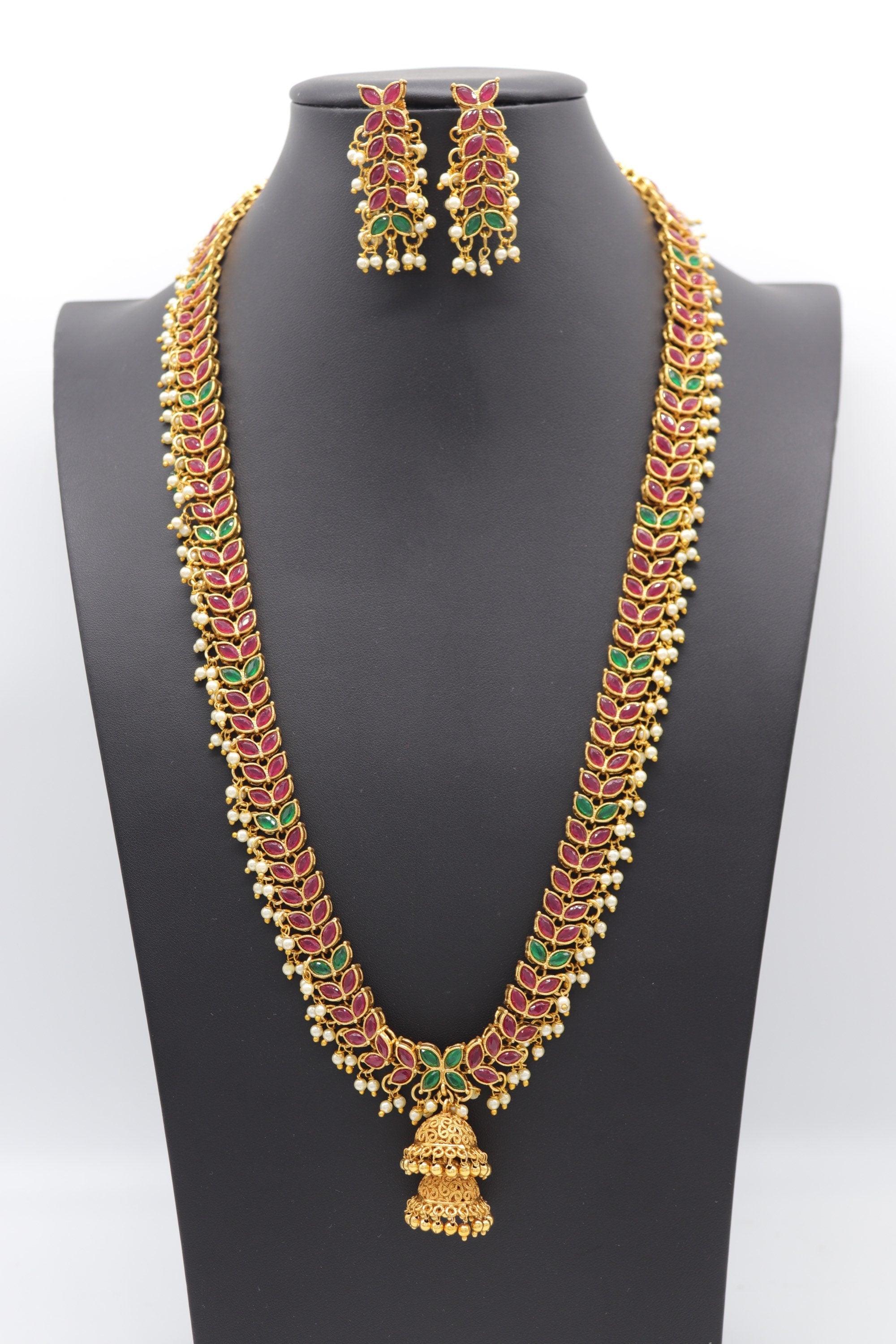 24 Inch Long Emerald- Ruby Necklace / Emerald Mala/ Haram Necklace/ Long gold necklace/ Beaded chain/ Indian Jewelry/ Indian Necklace/ South