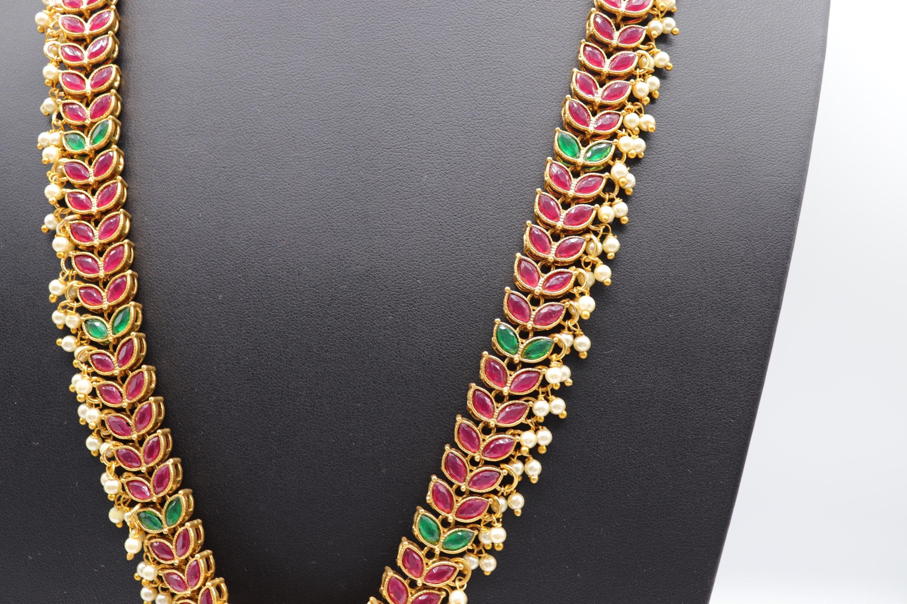 24 Inch Long Emerald- Ruby Necklace / Emerald Mala/ Haram Necklace/ Long gold necklace/ Beaded chain/ Indian Jewelry/ Indian Necklace/ South