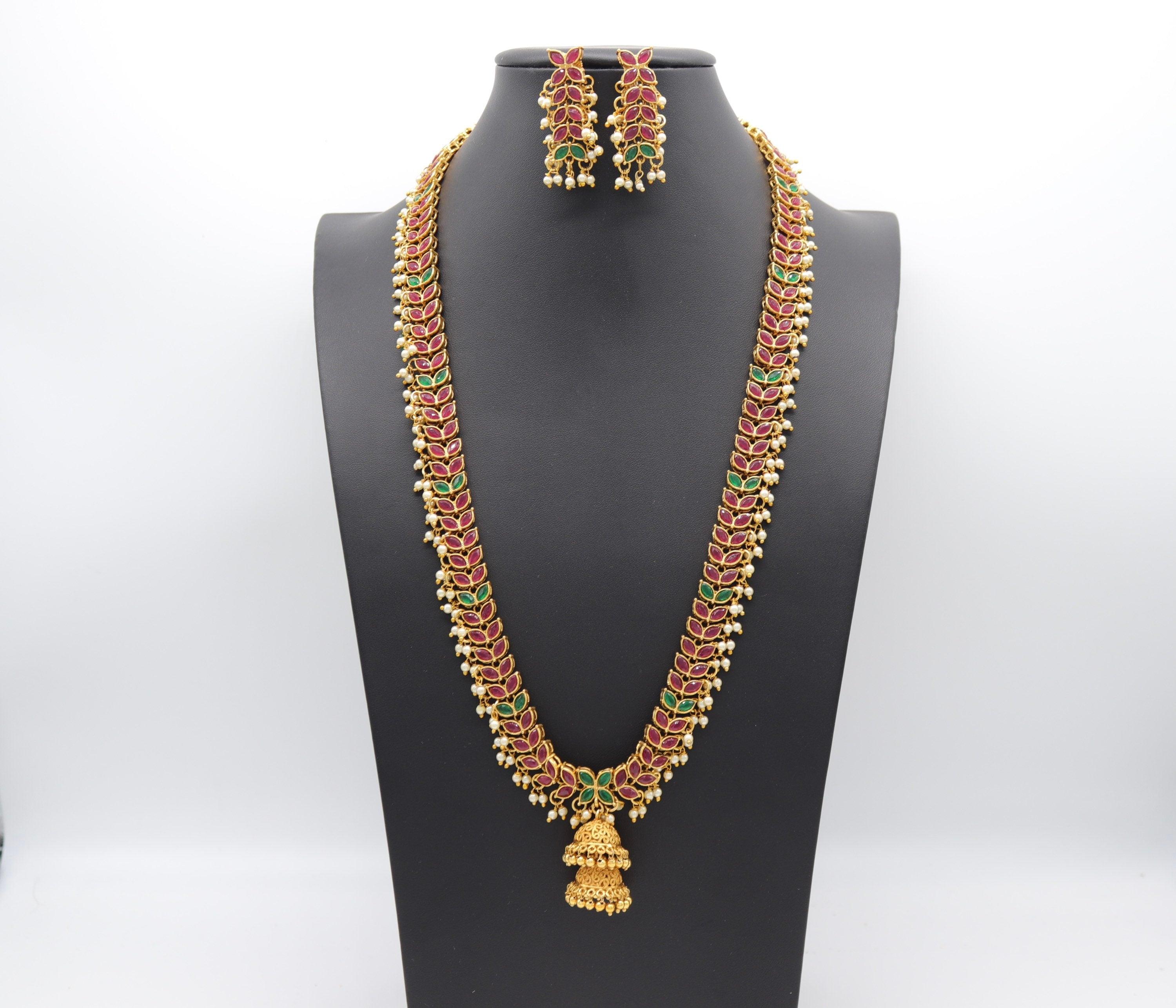 24 Inch Long Emerald- Ruby Necklace / Emerald Mala/ Haram Necklace/ Long gold necklace/ Beaded chain/ Indian Jewelry/ Indian Necklace/ South