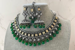Fine Kundan Dual Tone Emerald Polki Necklace Set | Indian Jewelry | Indian Necklace | Kundan Necklace | Bollywood Jewelry | Polki Necklace