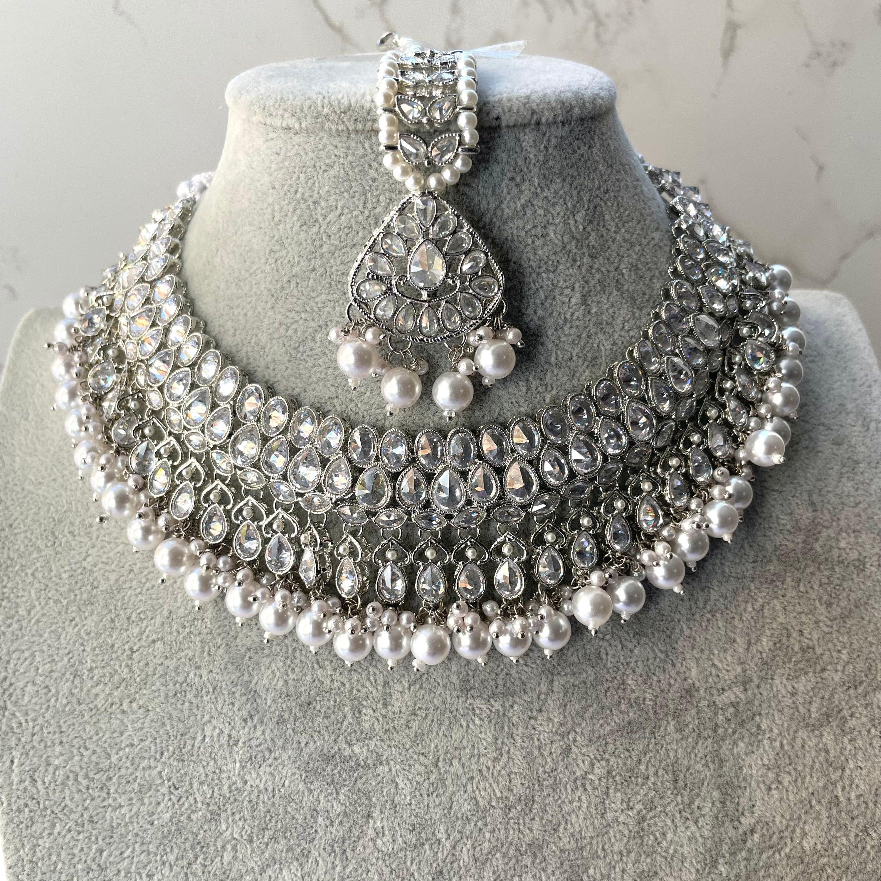 Silver Polki Choker Necklace Silver Necklace Punjabi Jewelry Pakistani Necklace Silver Indian Jewelry Silver Polki Necklace Set Bollywood