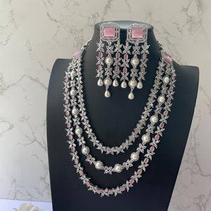 Pink CZ Long Necklace Set Indian Jewelry Pakistani Long Necklace American Diamond Necklace Pink CZ Rani Haar Indian Long Necklace Sari