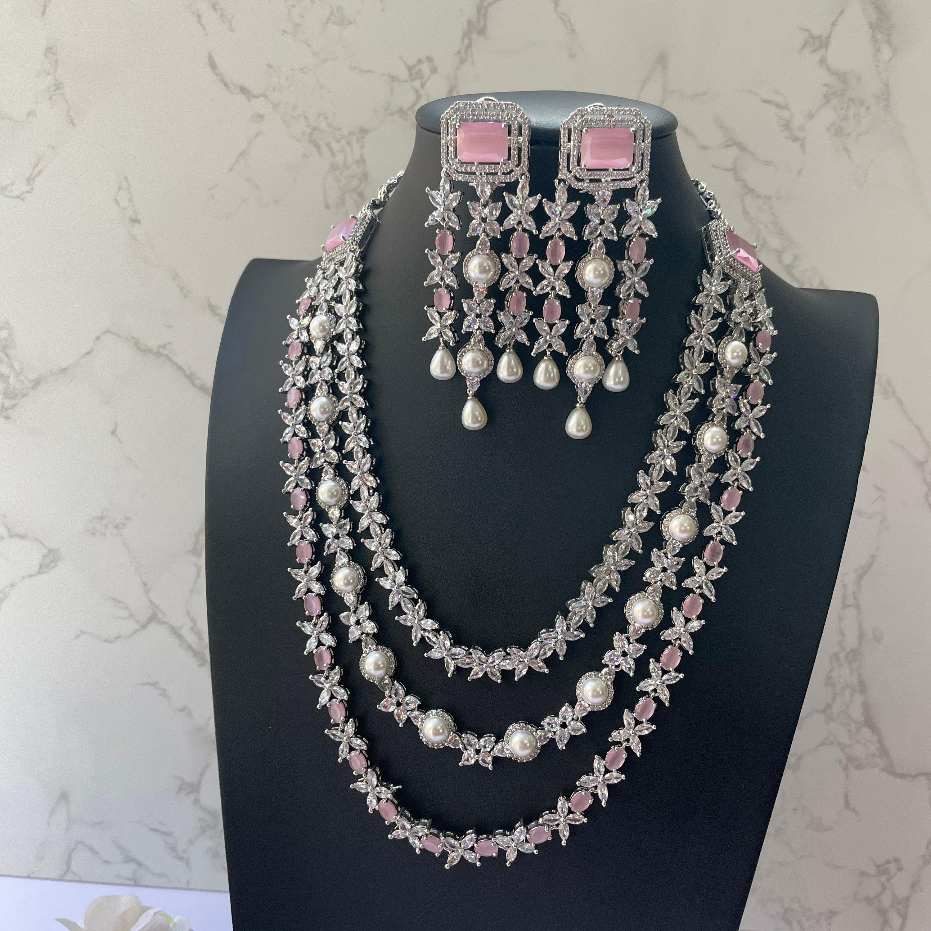 Pink CZ Long Necklace Set Indian Jewelry Pakistani Long Necklace American Diamond Necklace Pink CZ Rani Haar Indian Long Necklace Sari