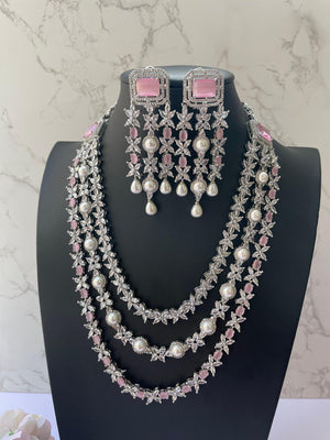 Pink CZ Long Necklace Set Indian Jewelry Pakistani Long Necklace American Diamond Necklace Pink CZ Rani Haar Indian Long Necklace Sari