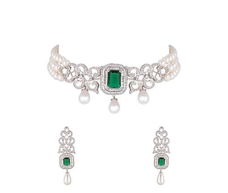 CZ Diamond Choker Necklace with earrings Indian jewelry Crystal Choker Indian Choker Pakistani jewelry Bollywood jewelry American Diamond