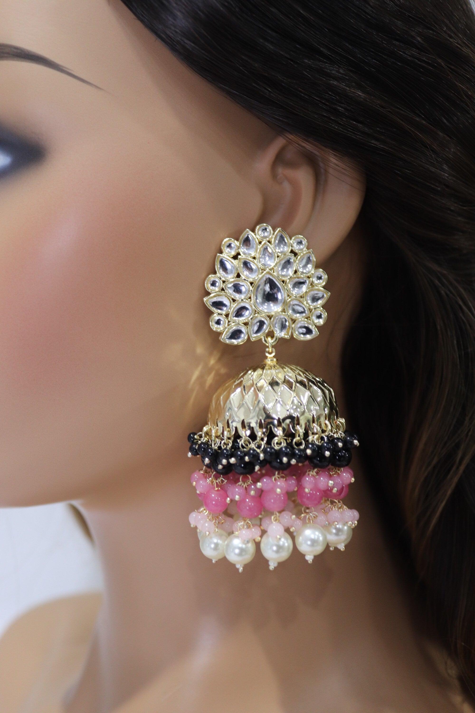 Black - Pink Jhumkas / Indian Jewelry / Pakistani Jewelry/ Indian Jhumka/ Gold Jhumka/ Jhumkas/ Punjabi Jewelry/ Jhumka