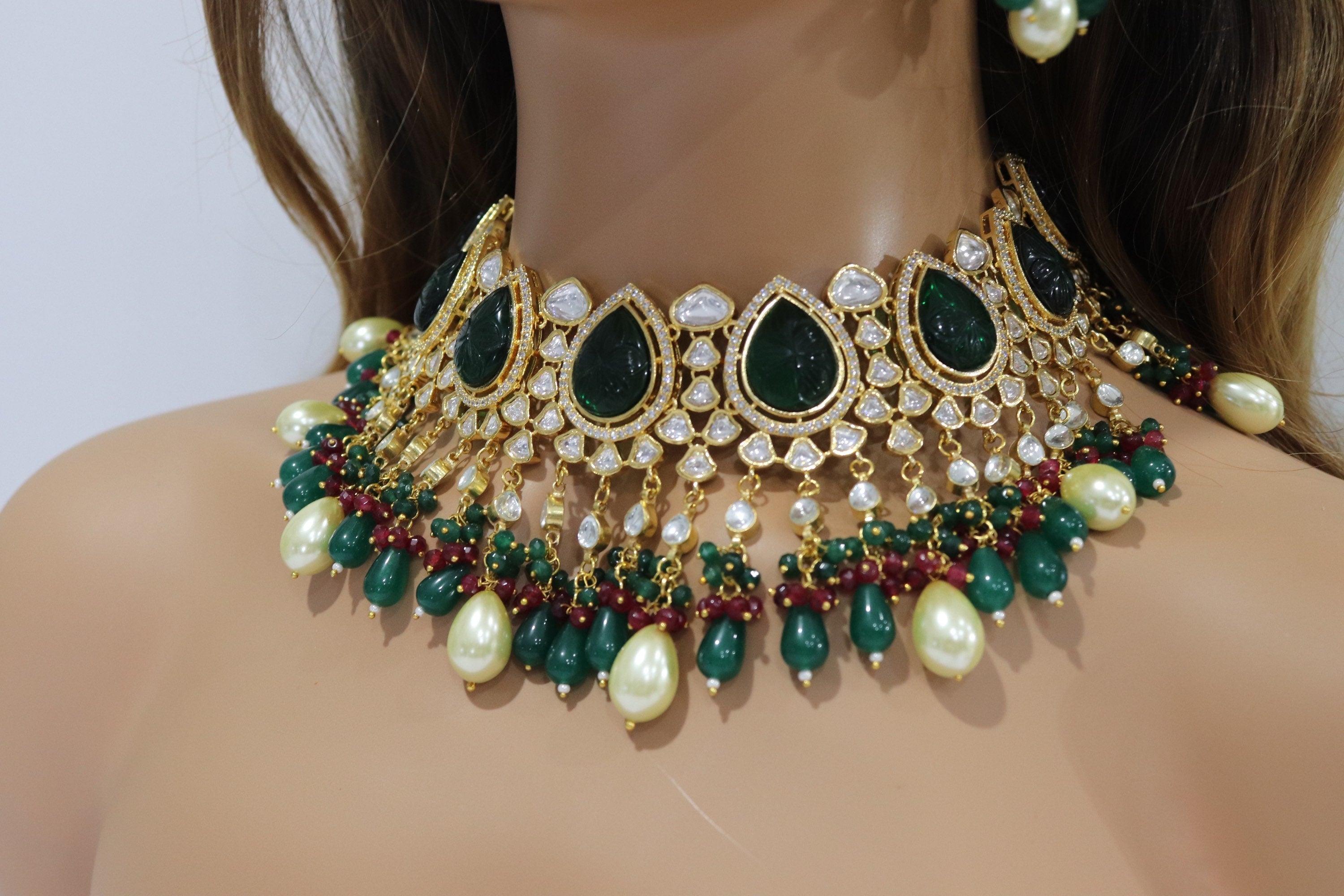 Emerald Gold Kundan Necklace/ Indian Jewelry/ Kundan Choker Necklace/ Necklace/ Bollywood Jewelry/ Indian Necklace/Indian Weddin