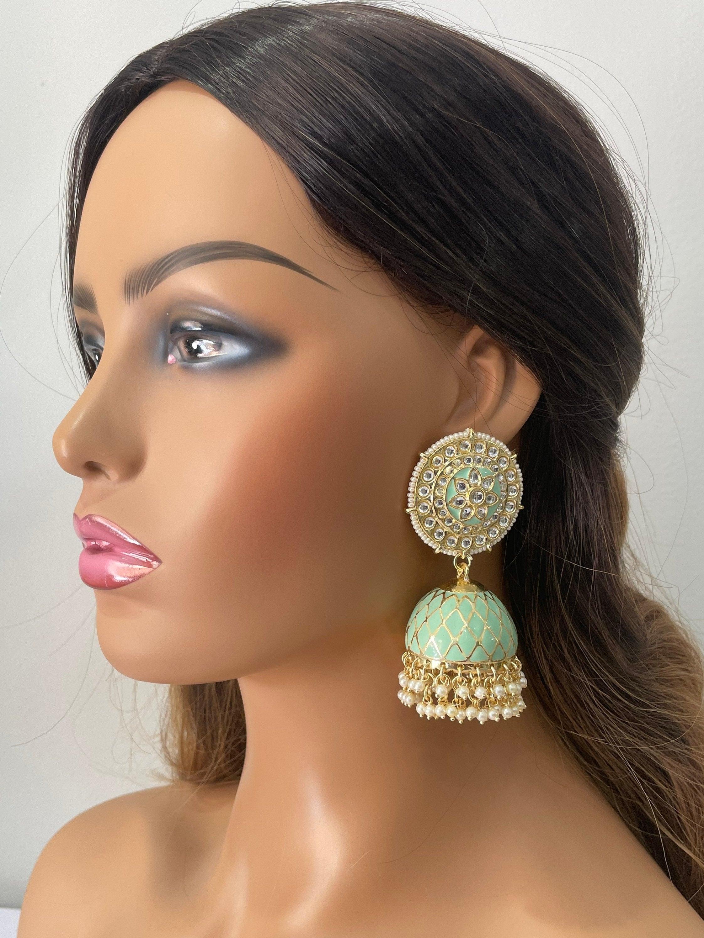 Big Mint Jhumkas / Indian Earrings/ Indian Jewelry/ Bollywood Jewelry / Orange Earrings/ Meenakari Jhumka/ Kundan Earring/Pakistani Jewelry
