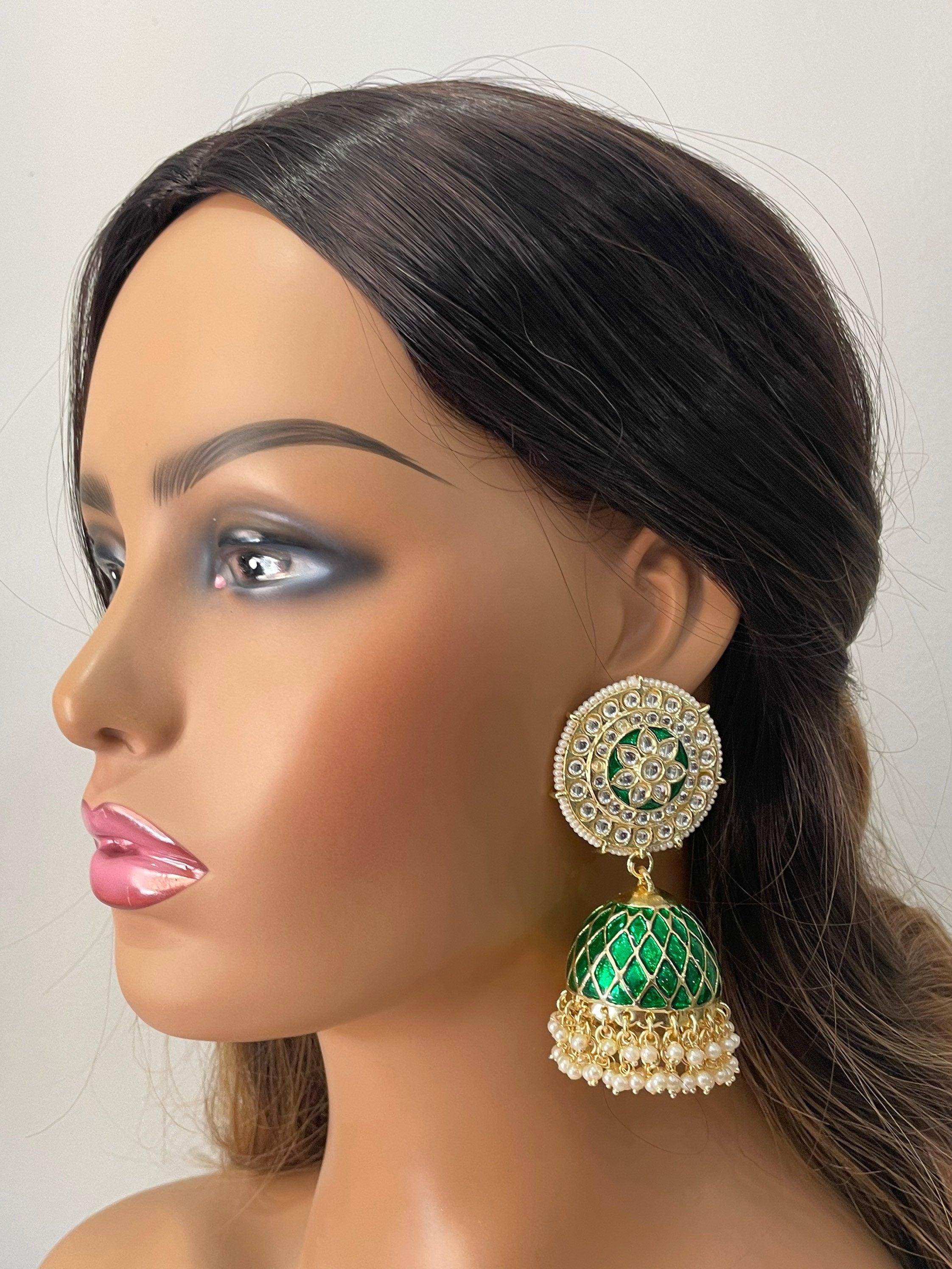 Big Green Jhumkas / Indian Jewelry/ Punjabi Jewelry/ Bollywood Jewelry / Jhumkas /Pakistani Jewelry