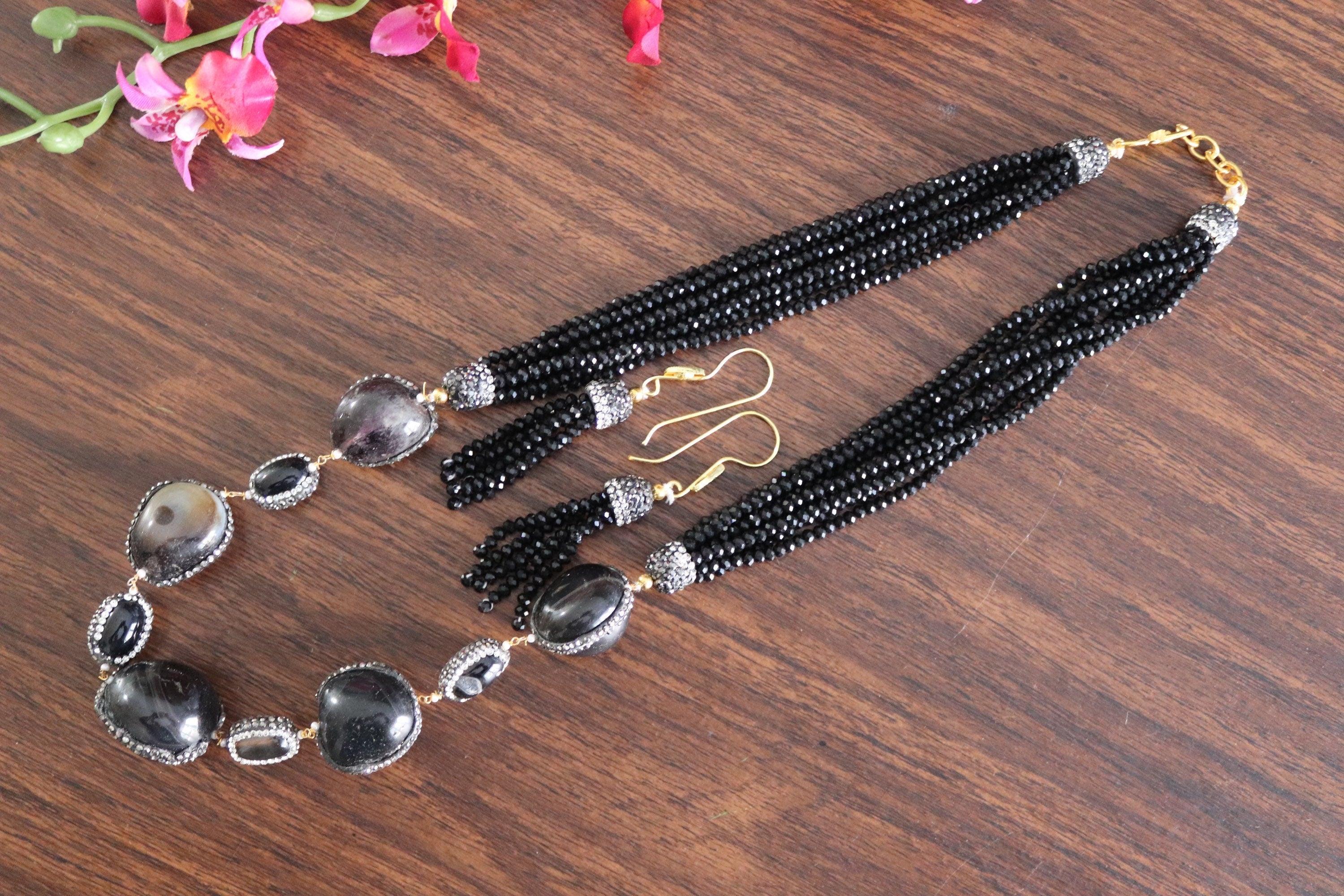 Black Long Necklace/ Indian Long Necklace / Indian Jewelry/ Indian Necklace/ / Pakistani Jewelry / Mala Necklace/ Beaded Necklace