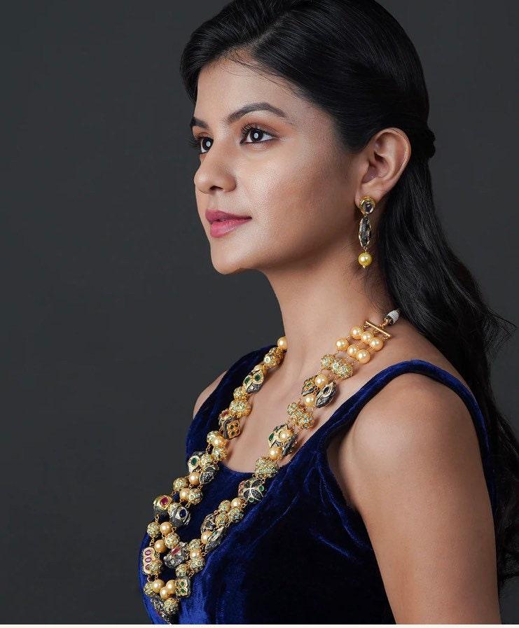 High Quality Three Layer Rani Har Long Necklace Set Sari Necklace Indian Long Necklace Pakistani Jewelry Indian Mala Necklace Kundan Long