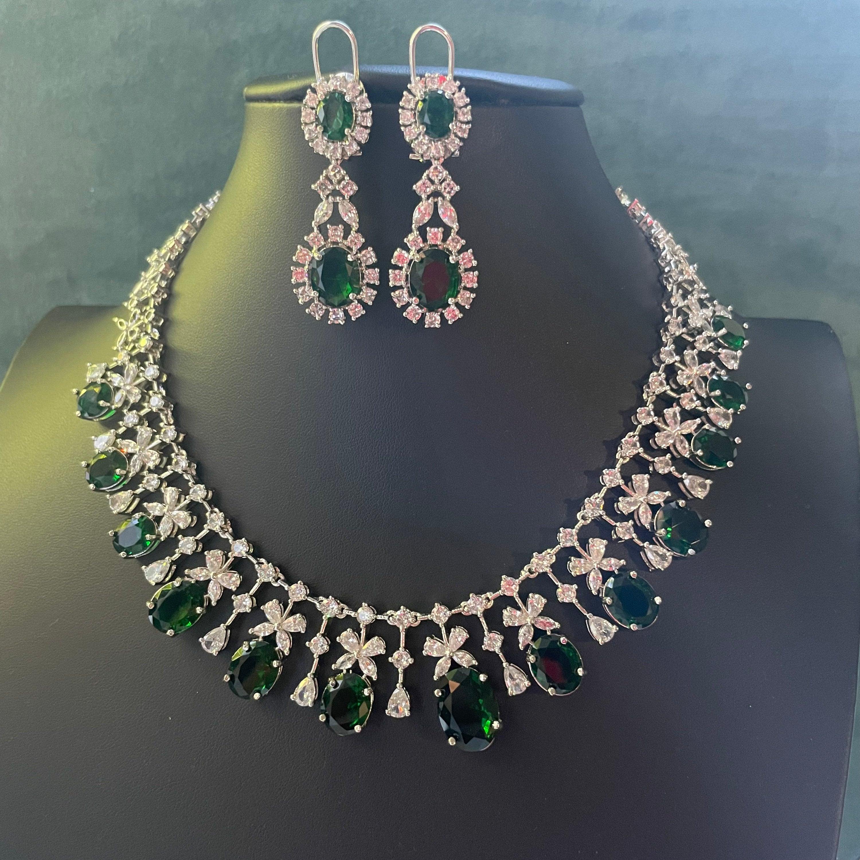 Emerald Cubic Zirconium Necklace/Indian Necklace/ Indian Jewelry/ American Diamond Necklace/ Wedding Necklace/ Diamond Necklace/