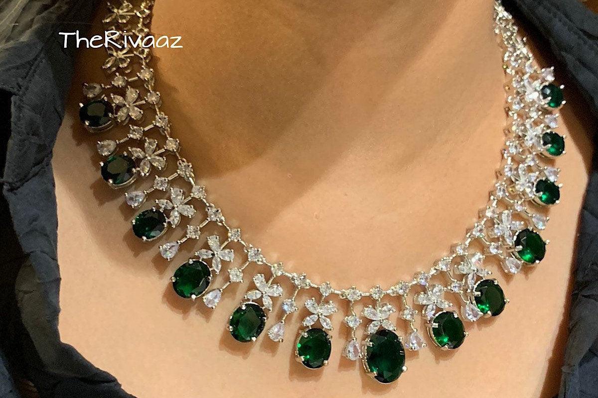 Emerald Cubic Zirconium Necklace/Indian Necklace/ Indian Jewelry/ American Diamond Necklace/ Wedding Necklace/ Diamond Necklace/