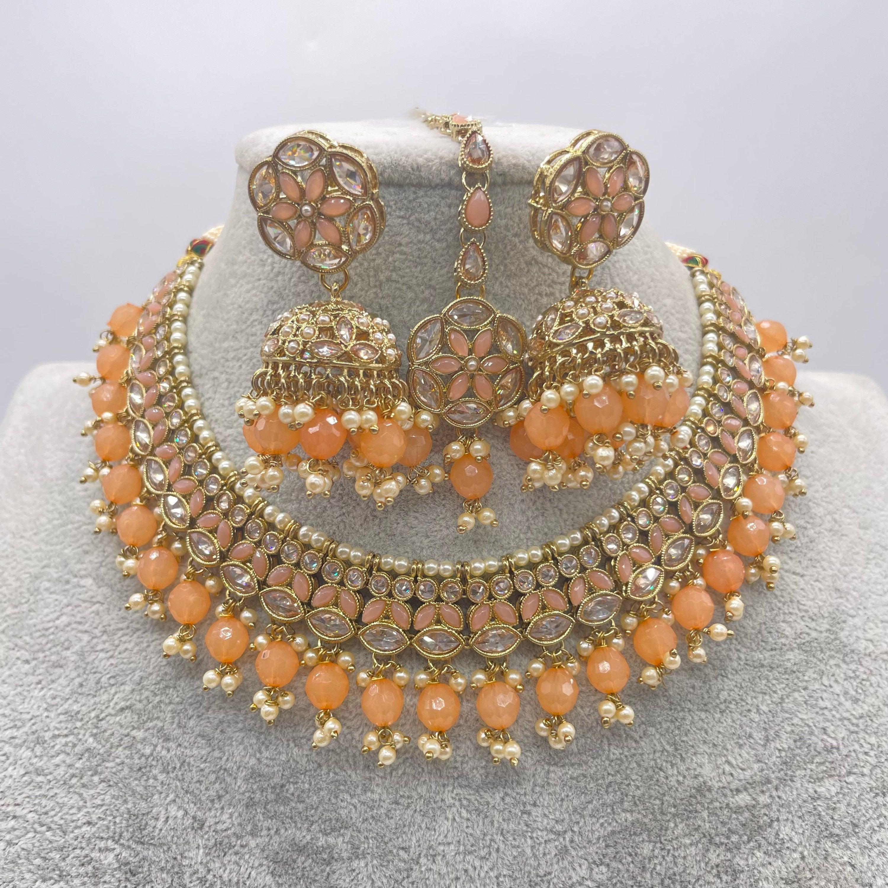 Peach Gold Polki Choker with chaandbali and tikka /Antique Gold Choker/Indian Choker Necklace/ Pakistani jewelry/ Indian jewelry