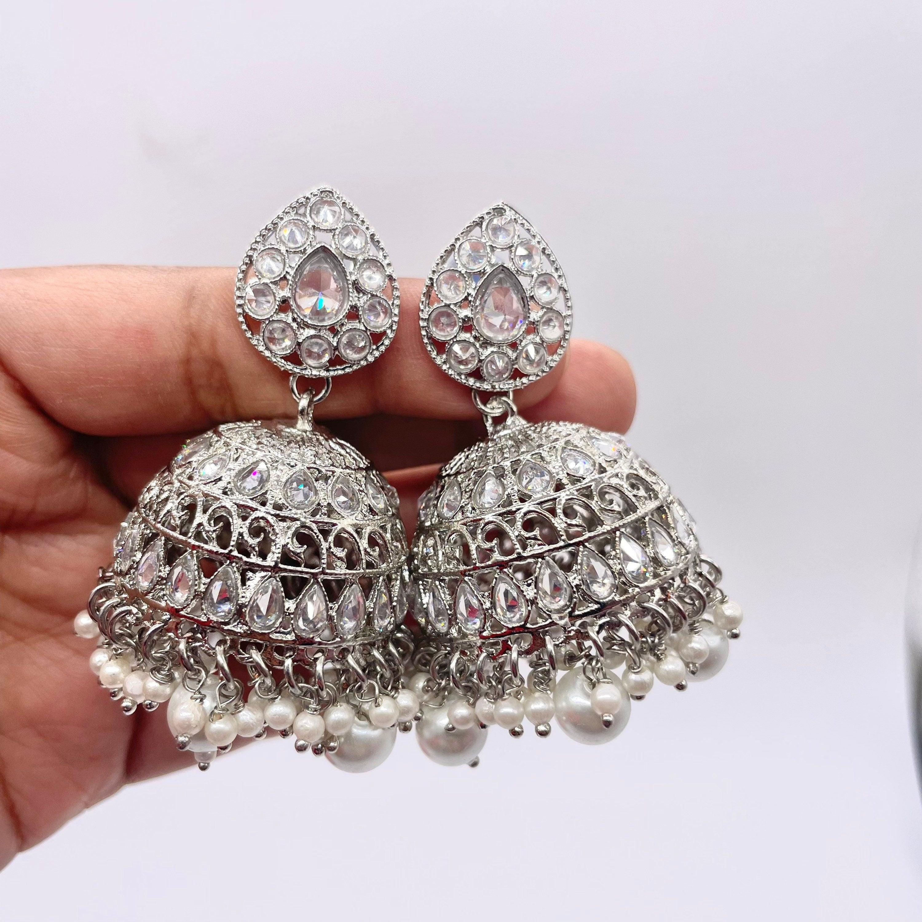 Silver Polki Jhumkas/ Indian Jewelry/ Jhumka/ Indian Earrings/ Pakistani Jewelry/ Desi Jewelry/ Indian Wedding Jewelry/ Bollywood