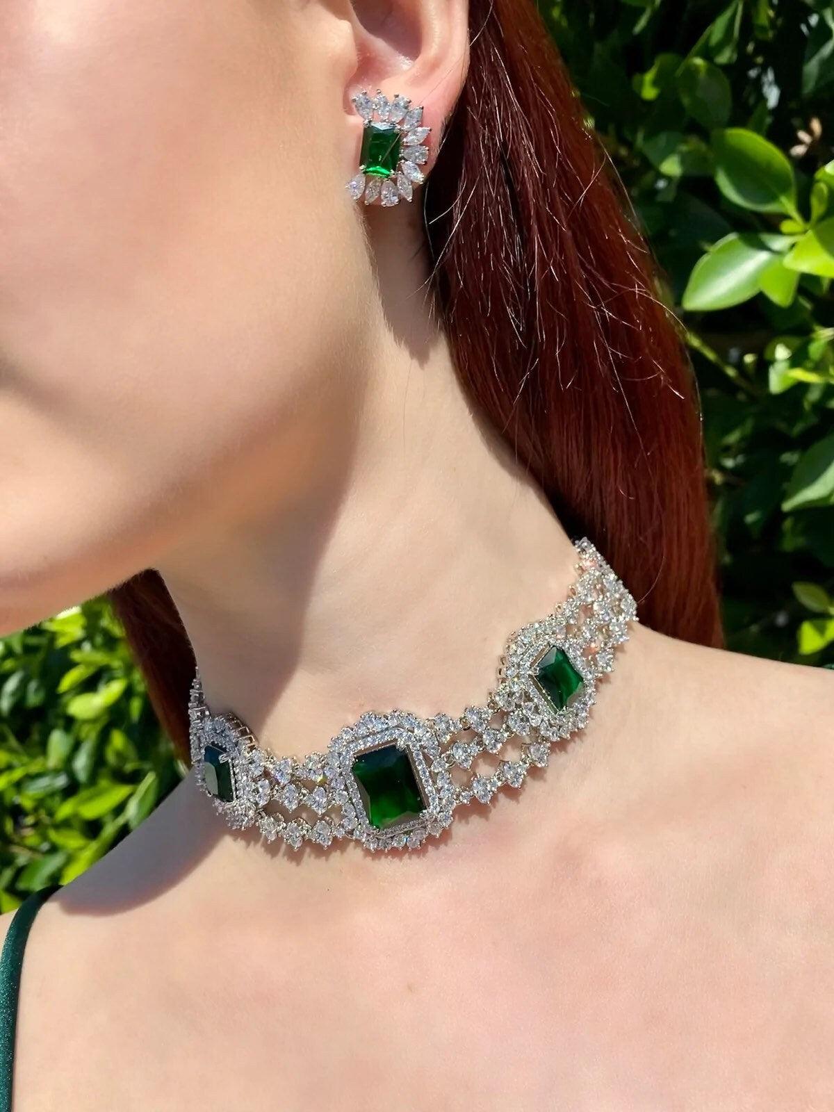 Emerald Diamond CZ Choker | Indian Jewelry | Necklace | Indian Choker | CZ Choker | Crystal Choker | Pakistani Jewelry | Green