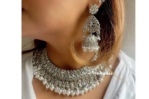 Silver Polki Choker Necklace Silver Necklace Punjabi Jewelry Pakistani Necklace Silver Indian Jewelry Silver Polki Necklace Set Bollywood