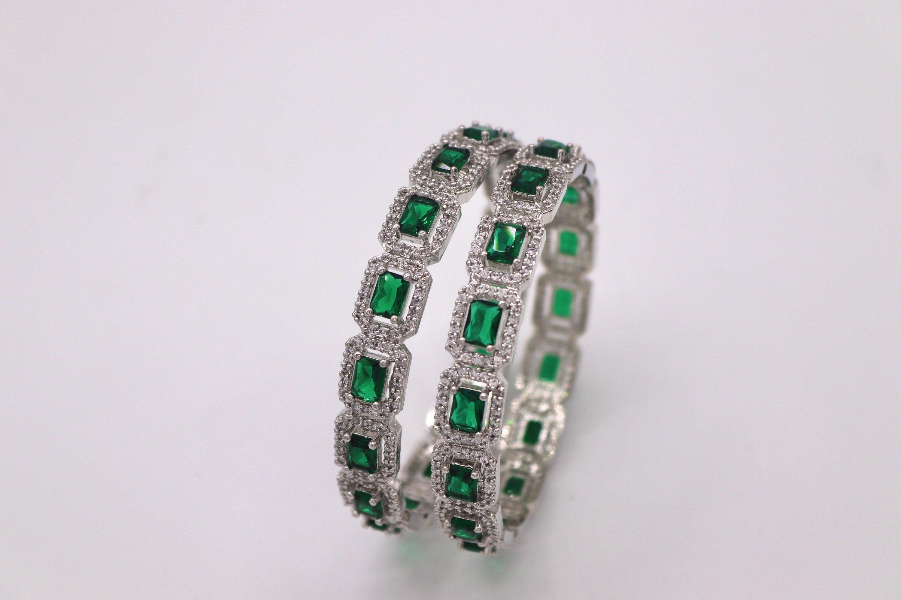 Emerald Diamond Silver Bangle | Indian Jewelry | Pakistani Jewelry | Bollywood Jewelry | Bangles | Green CZ Bangle