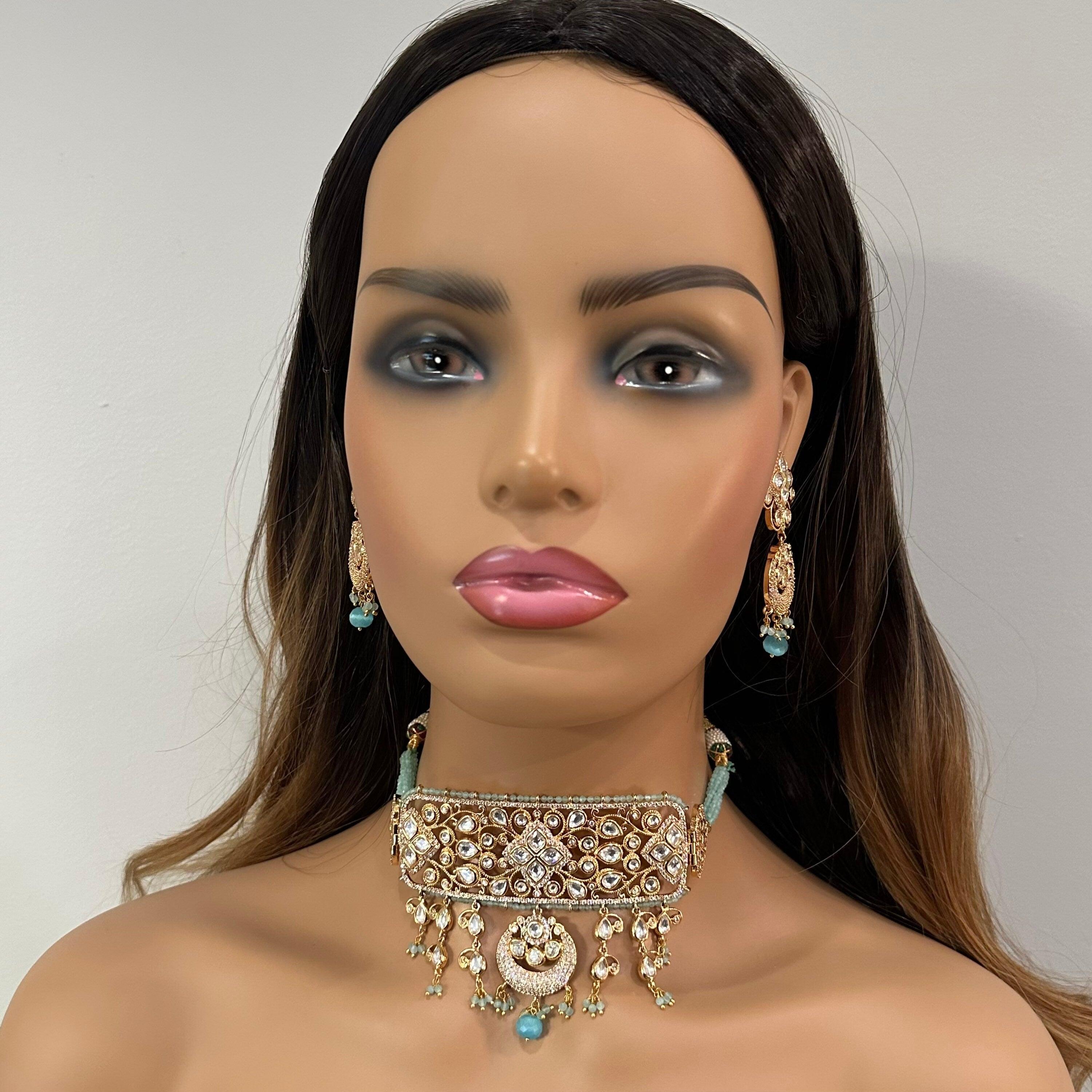 Mint Blue Kundan Necklace / Indian Choker/ Indian Jewelry/ Pakistani Jewelry/ Bollywood Jewelry/ Blue Choker/ Indian Necklace Set