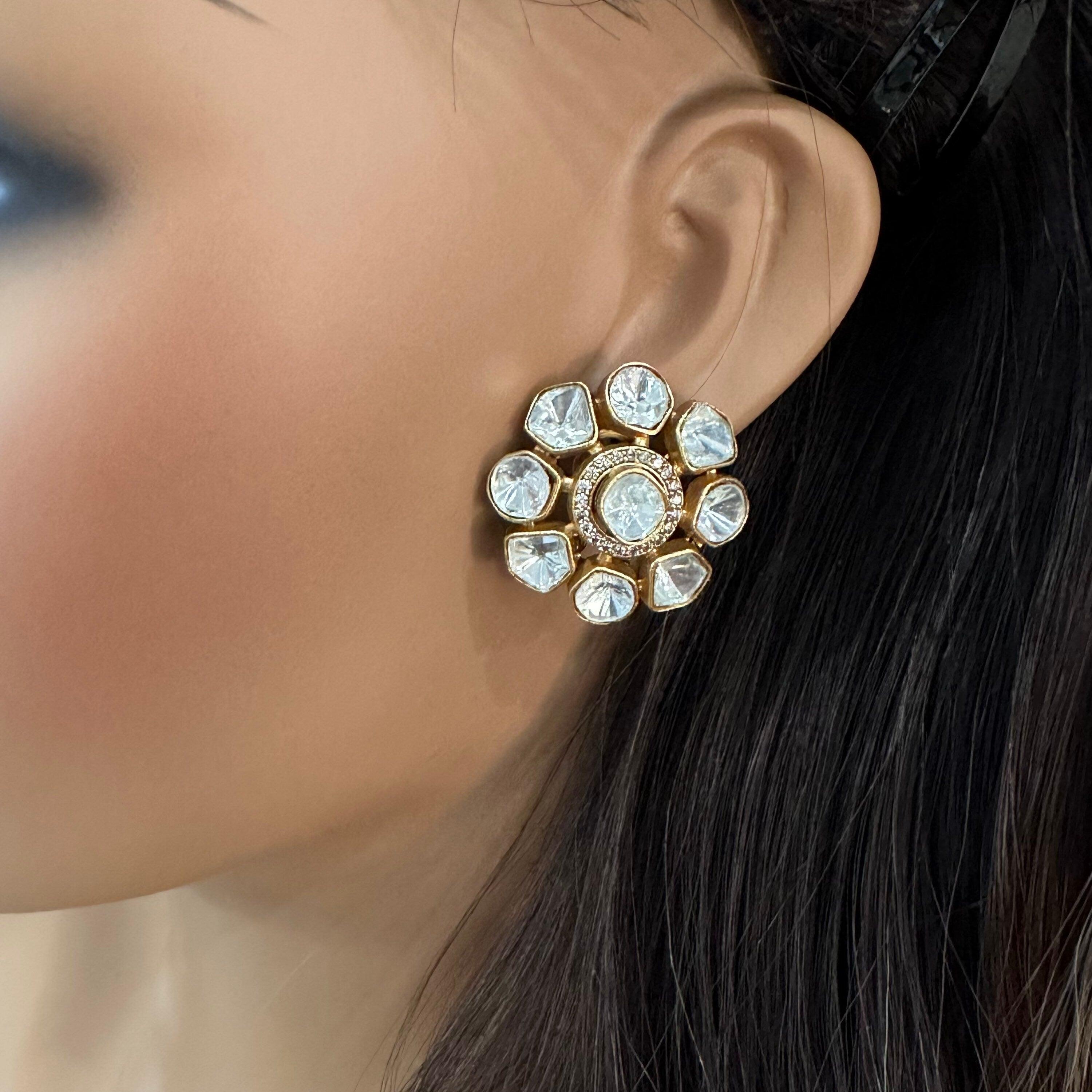 Moissanite Polki Studs / Kundan Polki Earrings/ Indian Jewelry/ Indian Earrings/ Bollywood Jewelry/ Pakistani Jewelry/ Studs