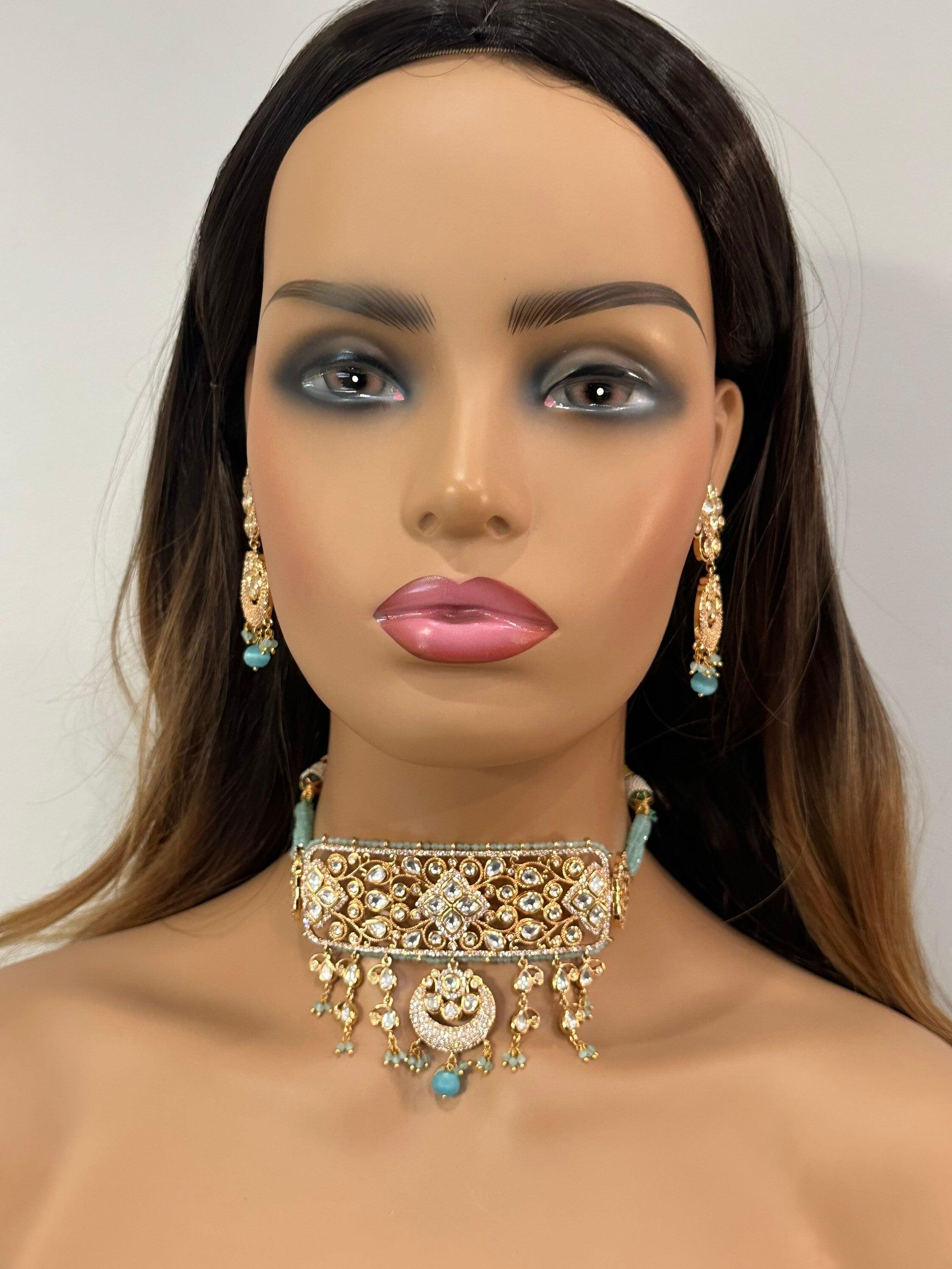 Mint Blue Kundan Necklace / Indian Choker/ Indian Jewelry/ Pakistani Jewelry/ Bollywood Jewelry/ Blue Choker/ Indian Necklace Set