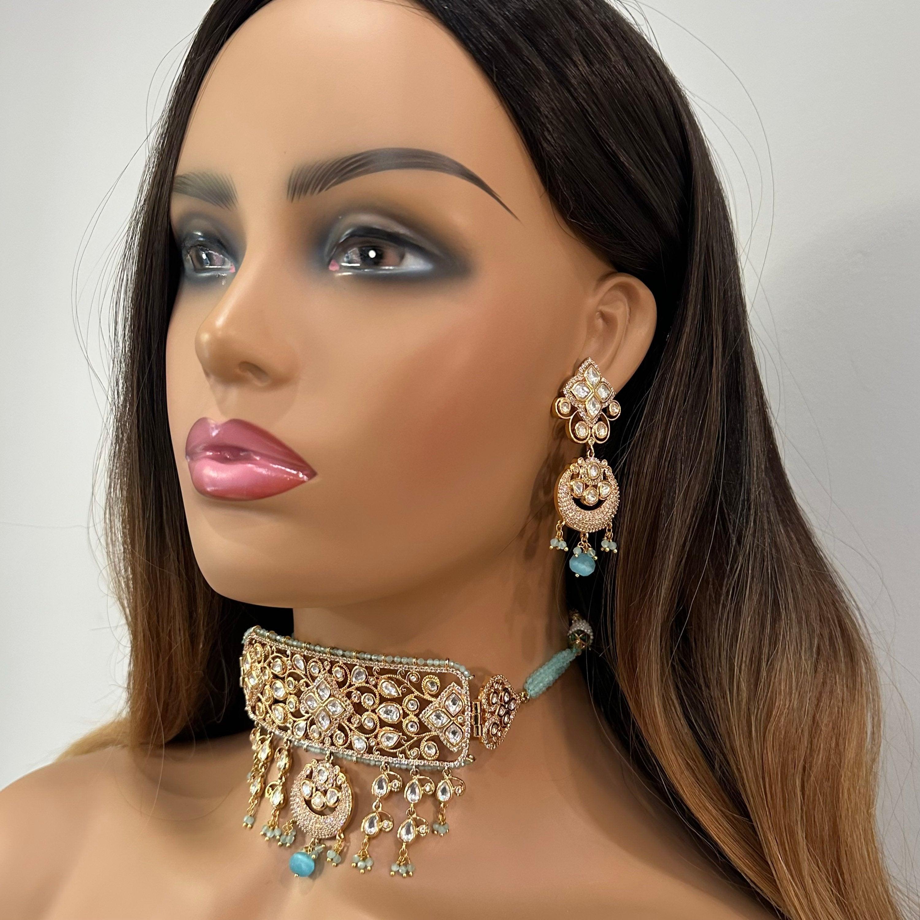 Mint Blue Kundan Necklace / Indian Choker/ Indian Jewelry/ Pakistani Jewelry/ Bollywood Jewelry/ Blue Choker/ Indian Necklace Set