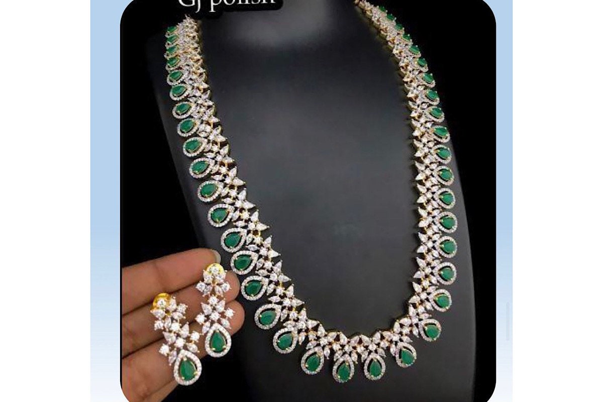 April Gold Emerald CZ long Necklace with Earrings / Long Indian Necklace/ Indian Jewelry/ Green Long Necklace/ Pakistani Jewelry