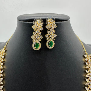 April Gold Emerald CZ long Necklace with Earrings / Long Indian Necklace/ Indian Jewelry/ Green Long Necklace/ Pakistani Jewelry