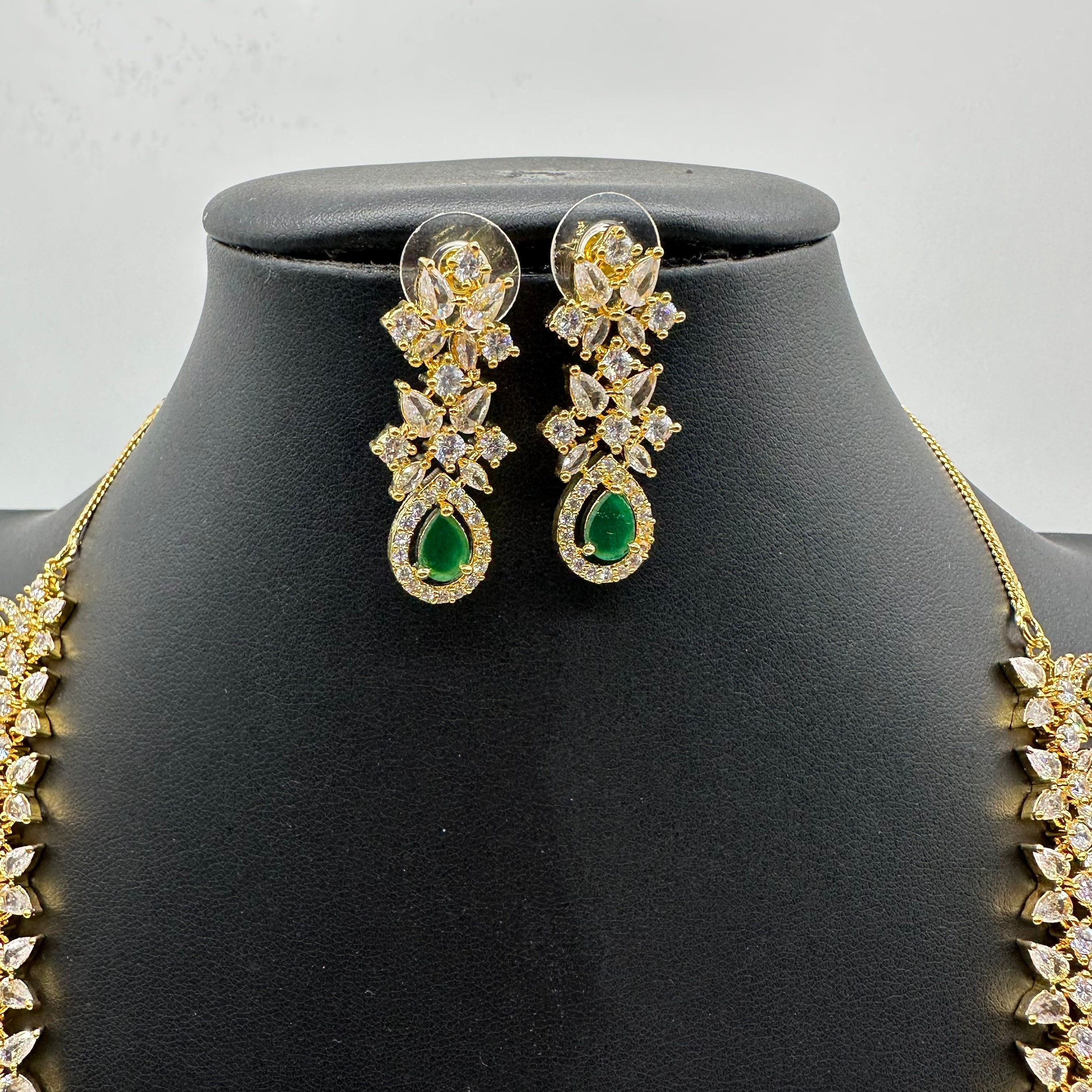 April Gold Emerald CZ long Necklace with Earrings / Long Indian Necklace/ Indian Jewelry/ Green Long Necklace/ Pakistani Jewelry