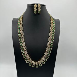 April Gold Emerald CZ long Necklace with Earrings / Long Indian Necklace/ Indian Jewelry/ Green Long Necklace/ Pakistani Jewelry